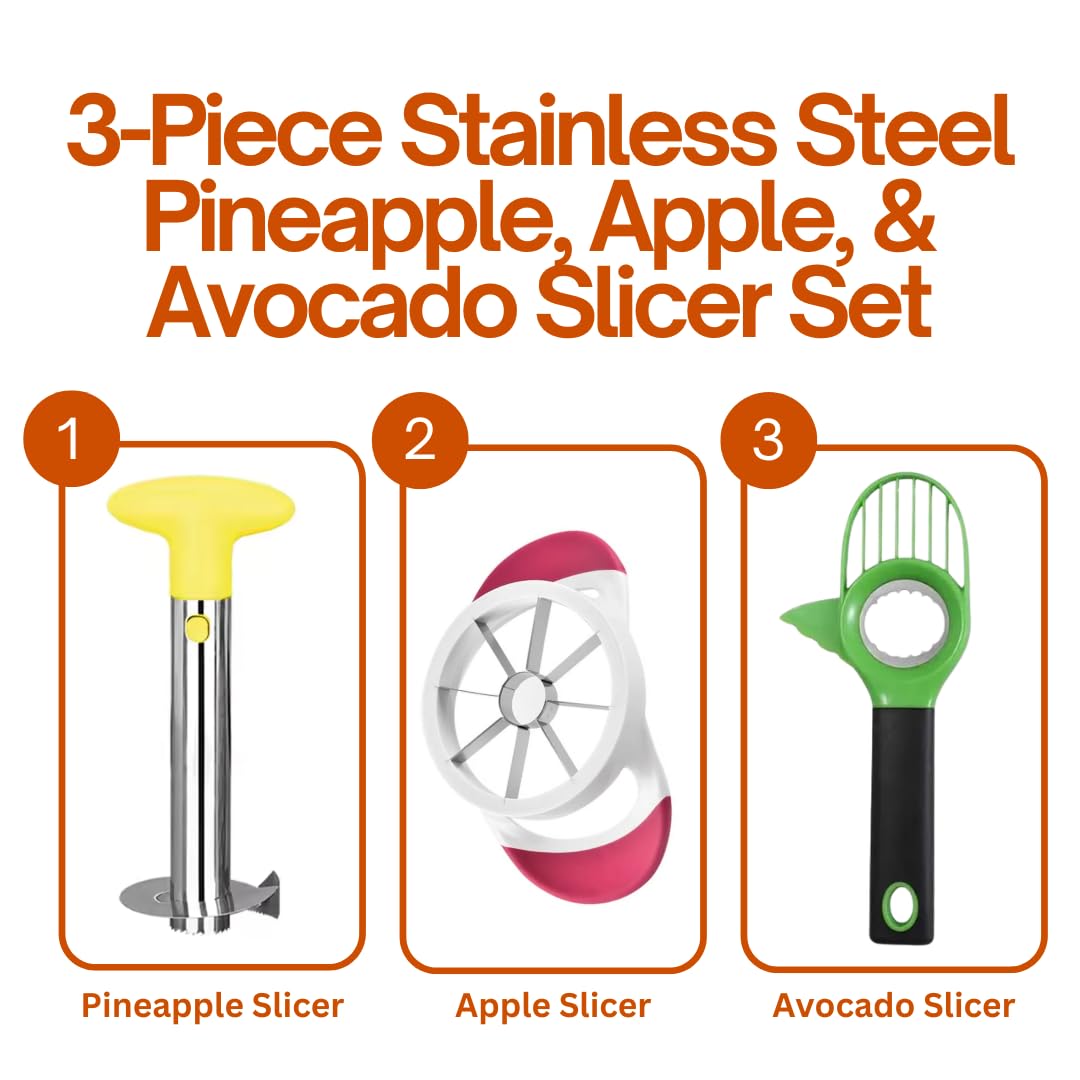 3PCS Stainless Steel Apple, Avocado & Pineapple Slicer Set – Heavy-Duty Corer & Cutter with Reinforced Blade for Quick & Easy Fruit Cutting Prep – Sharp, Durable & Ergonomic Kitchen Tool”