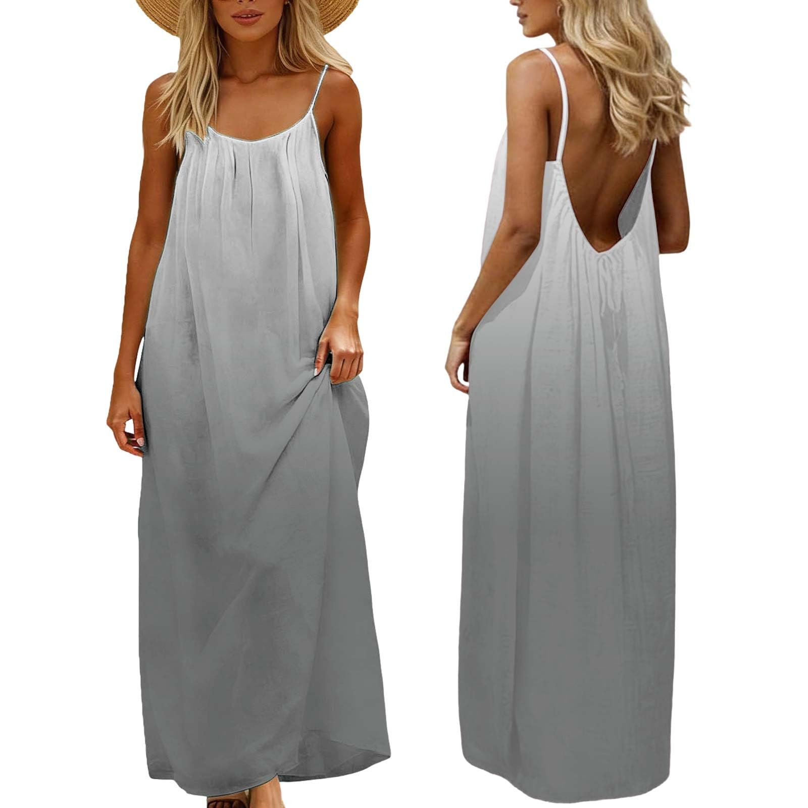 Backless Cami Dresses for Women UK Linen Beach Coverups Maxi Dress Summer Holiday Coord Outfit Tartan Print Sarongs Plus Size Beachwear Clothes Spaghetti Straps Vest Gray 2 3XL