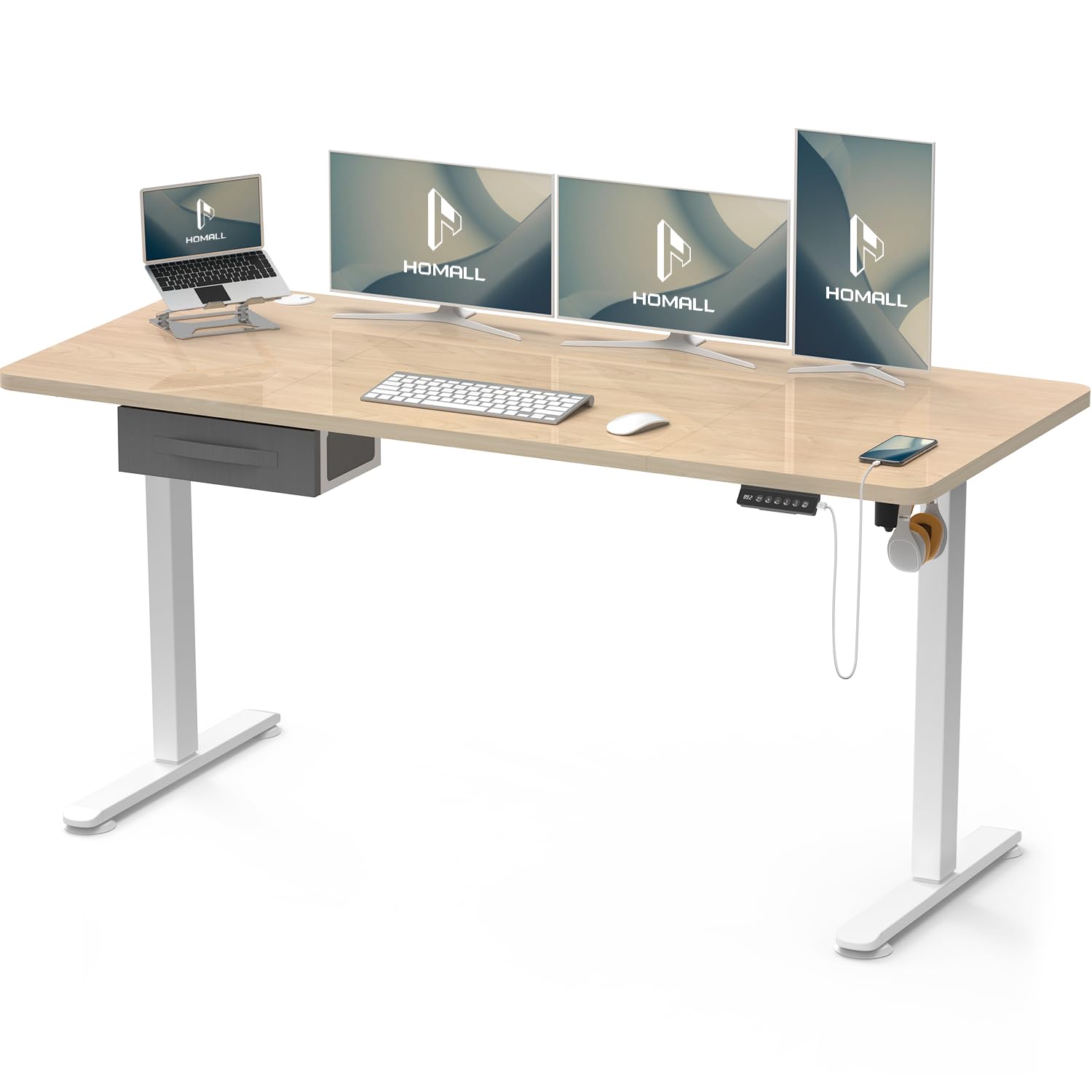 Homall Electric Height Adjustable Desk, Adjustable Height Office Desk with USB Ports, 160x70cm, Home Office with Splice Board, Beige — image 1