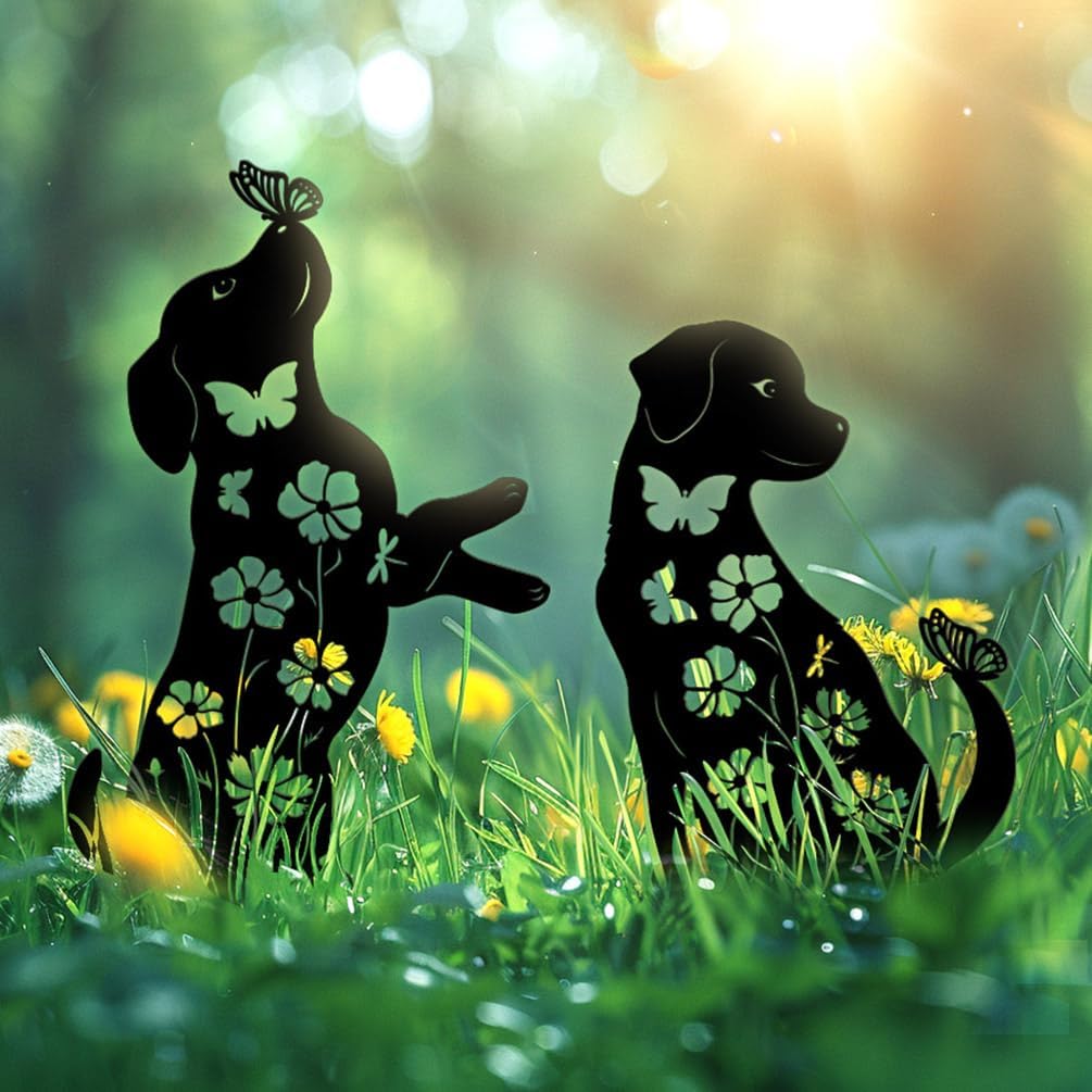 Dog Garden Decor for Outside, 17" Puppy Metal Decorative Garden Stakes, Rust Proof & Weather-Resistant Yard Art Gifts for Dog Lovers, Black Labrador Silhouette Yard Decorations Outdoor Décor