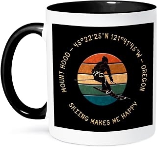 3dRose Mt. Hood Meadows, Oregon - Man Skier Gold Text On Black. Winter Gift 11oz Two-Tone Black Mug
