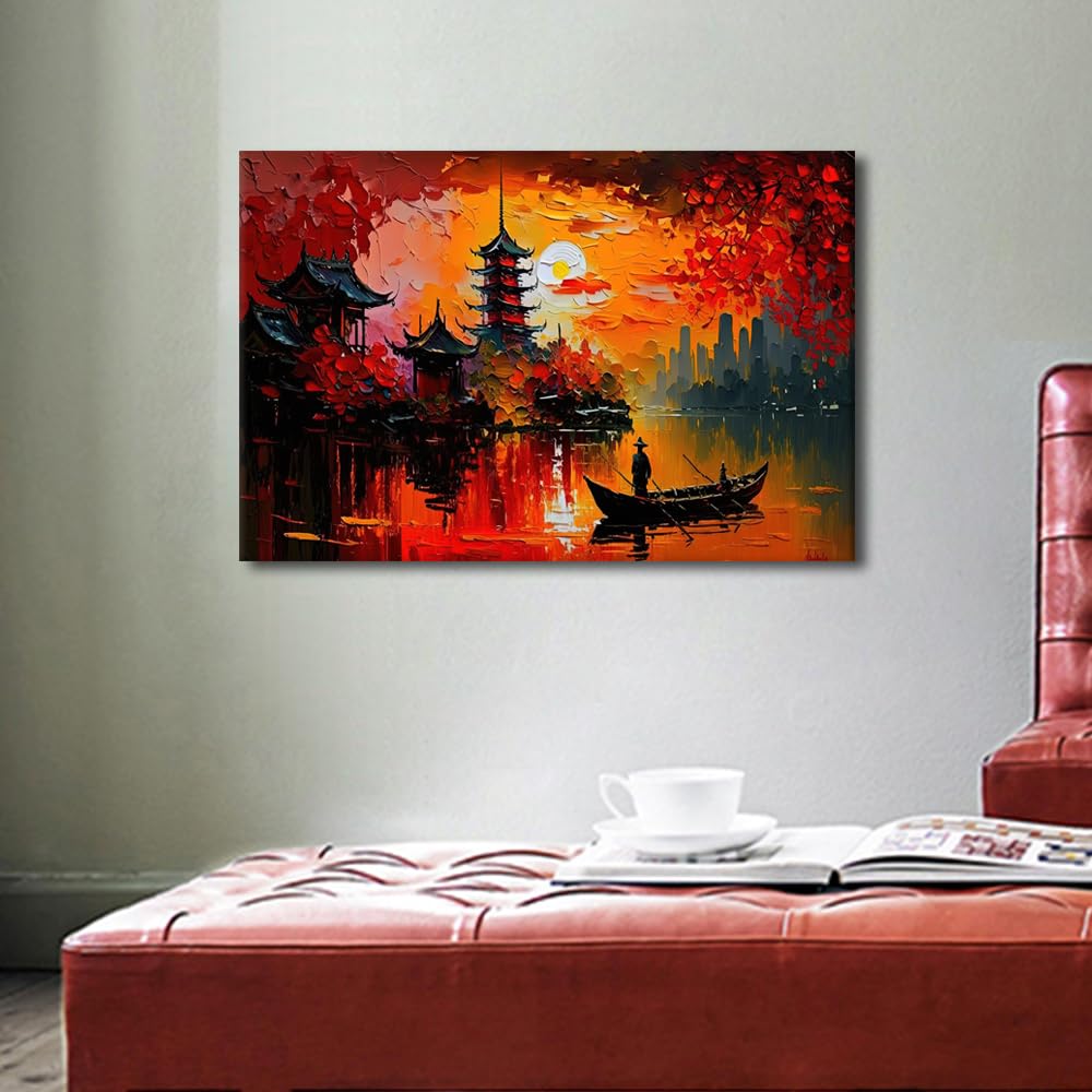Modern Wall Decor 1 Panels Oil Painting Style Pictures Print on Canvas for Home Wall Decorations Asian Ancient Town Lakeside Landscape Artwork Stretched Framed Ready to Hang - Image 4