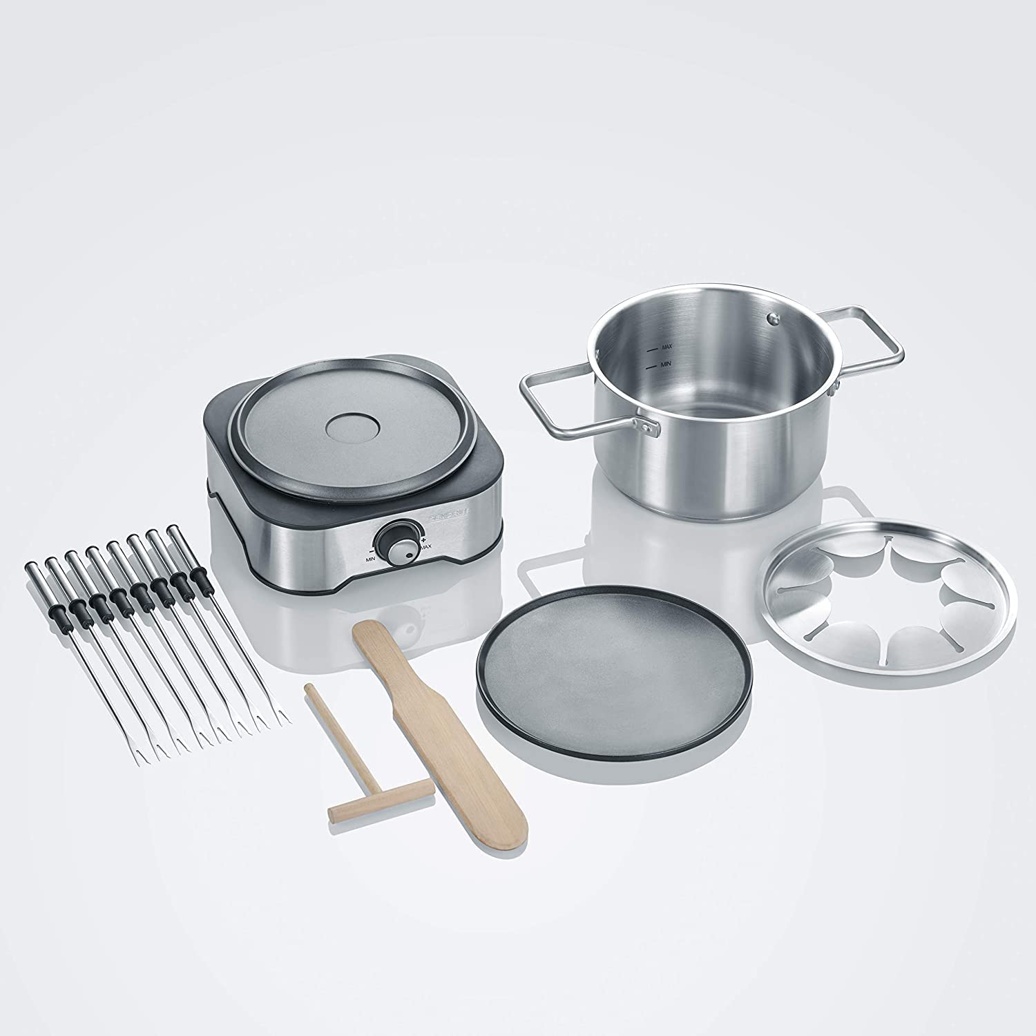 SEVERIN Appareil Fondue/Crêpes Combiné, Câble d'alimentation, env. 1500 W, Collerette Anti-Projections et 8 Fourchettes à Fondue Incluses, FO 2409