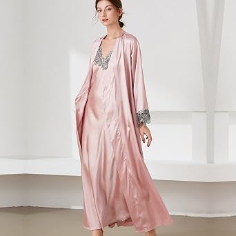 ASHER FASHION 2 Piece Women Satin Nightgowns and Robe Set Sexy Lace Silk Slip Dress Long Chemise Nightdress Sleepwear