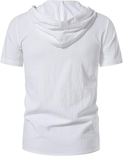 Miniatura 3 de Soluo Camiseta de algodón y lino con capucha para hombre, manga corta, cuello en V, con cordón, ligera, hippie, para yoga