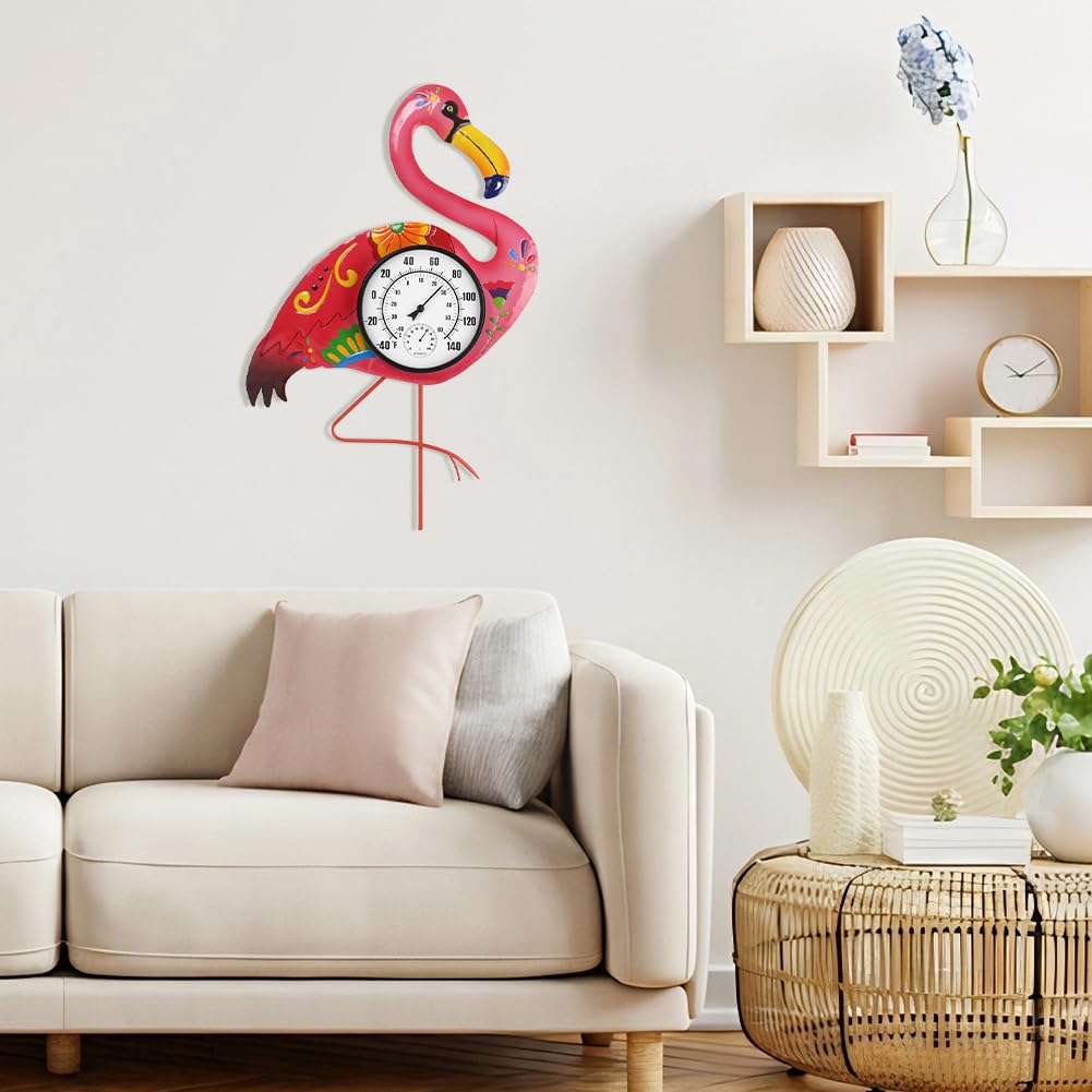 Flamingo - Termómetro para interiores y exteriores con humedad, termómetro exterior decorativo de 24 pulgadas para patio, jardín, decoración de sala de estar, números grandes fáciles de leer