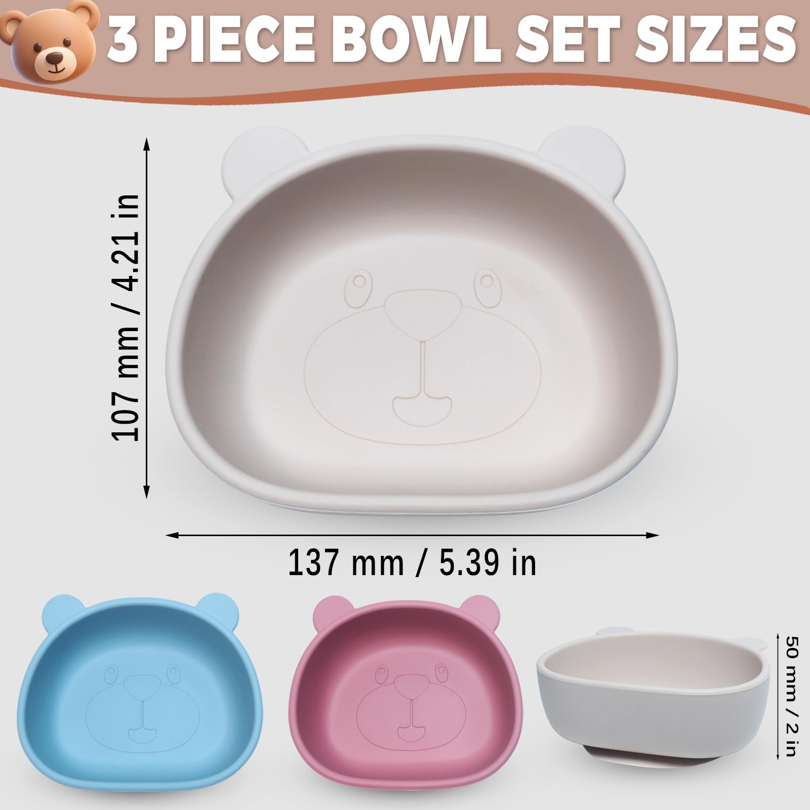 Set di 3 Ciotole per Bambini con Ventosa, Ciotola con ventosa per bambini,Antiscivolo Ciotola per Alimenti in Silicone,Senza BPA, per Neonati Bambini Piccoli e Infanti(blu& beige&rosa)