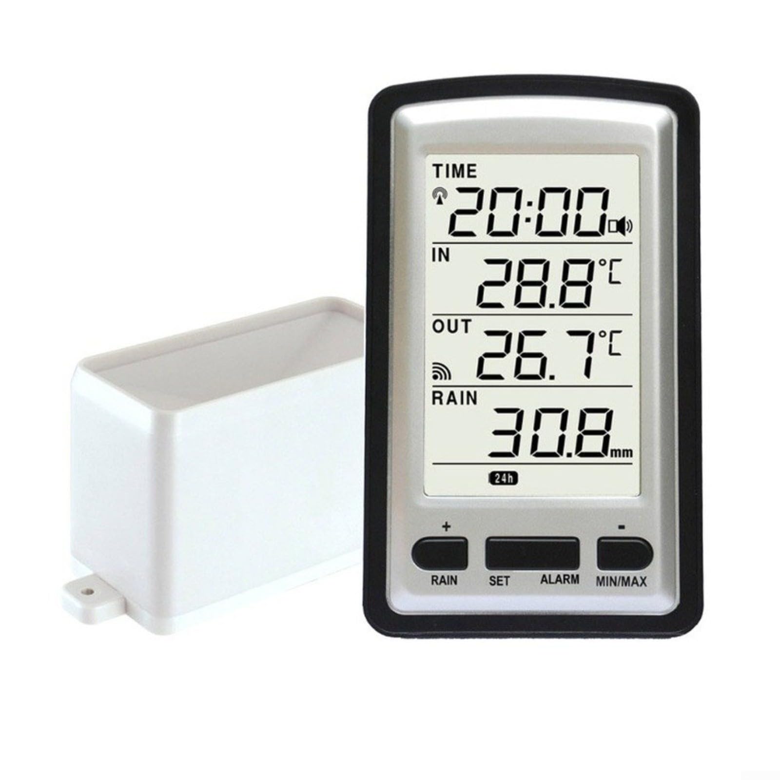 Digitaler kabelloser Regenmesser Wetterstation mit RCC-Übertragung, Innen- und Außentemperaturmonitor, stündliche tägliche monatliche Regenfalldatenanalyse, Weiß