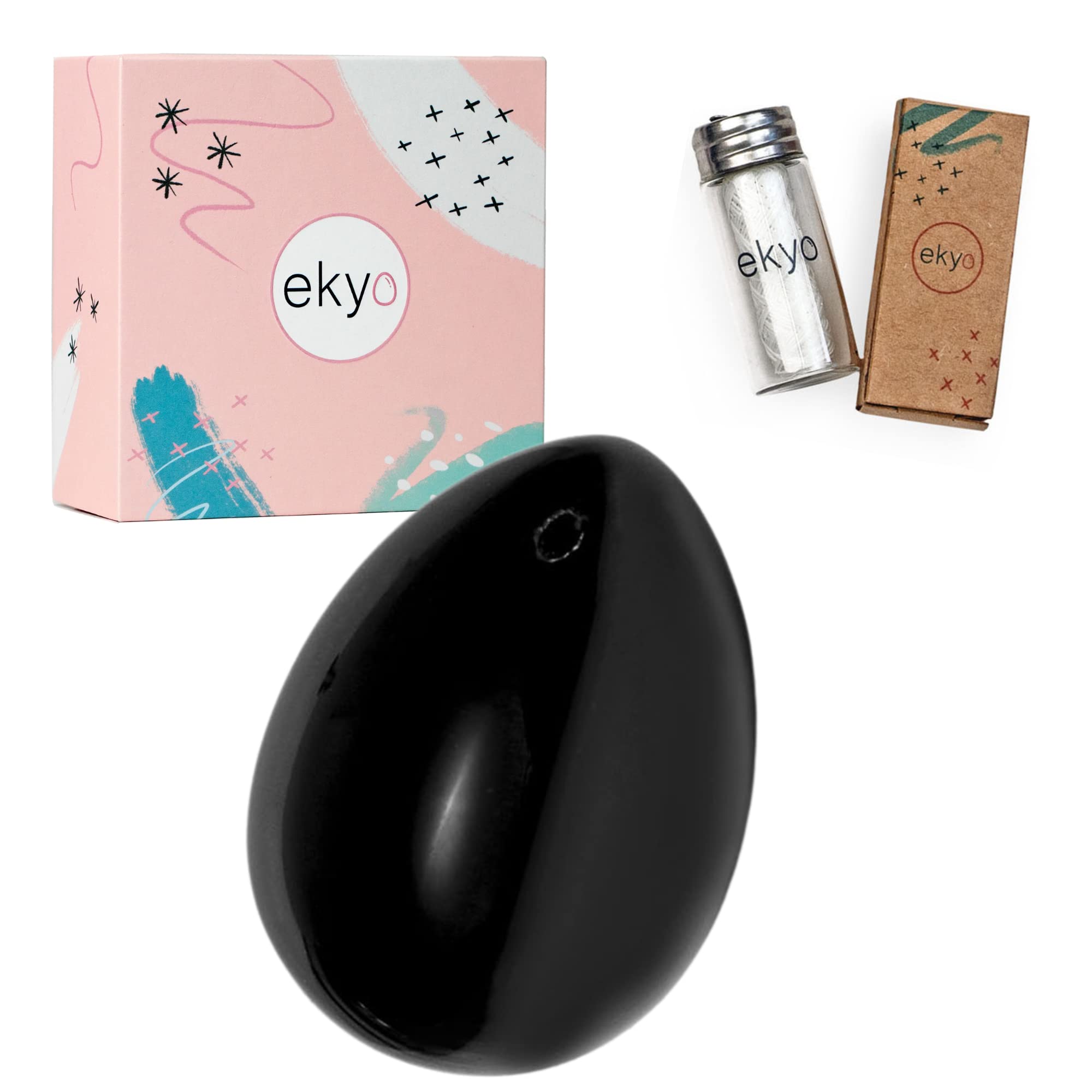 Yoni uovo ossidiana pietra 4 x 3 cm (forata) con cavo non cerato, istruzioni, spazzola per la pulizia e meditazione – allenamento del pavimento pelvico per donna – Yoni Egg nero
