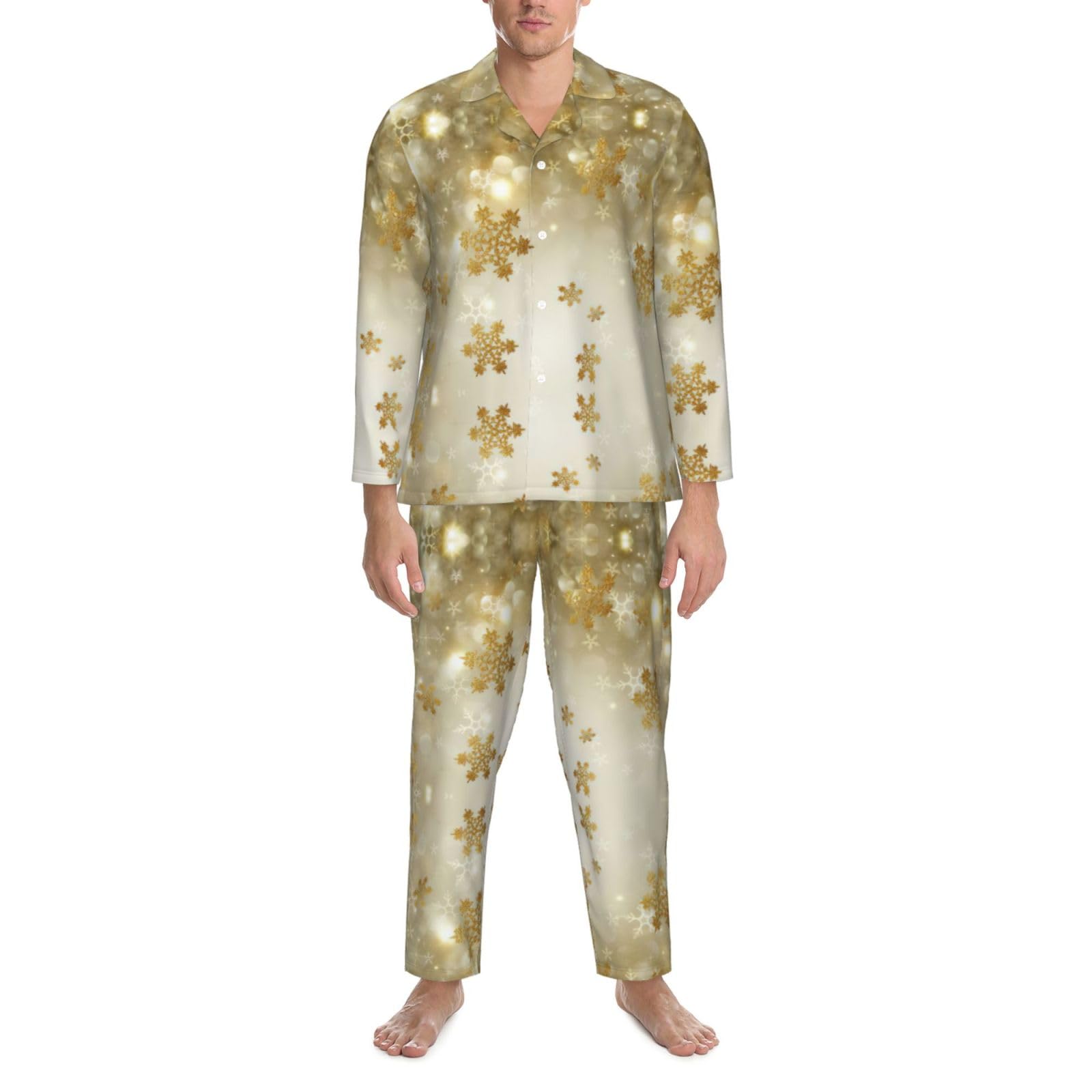 Weihnachtspyjama-Set für Herren, aus Seide, langärmelig, Hemd und Hose, 2-teilig, goldfarben