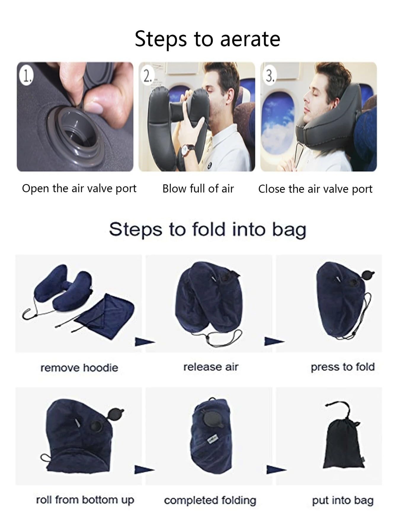 Inflatable U-Shaped Travel Neck Pillow with Hooded Cap