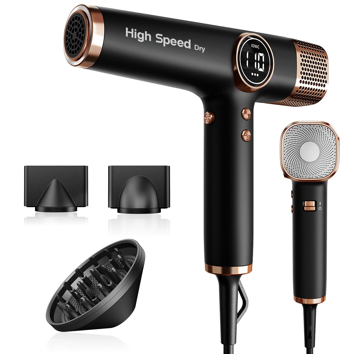 Faszin Secador de Pelo Profesional, Secador Rápido Ligero, Motor 110,000 RPM, Secador Pelo Iónico de 200 Millones para Mujeres y Hombres, Silencioso con 3 Boquillas Magnéticas (Negro y oro)