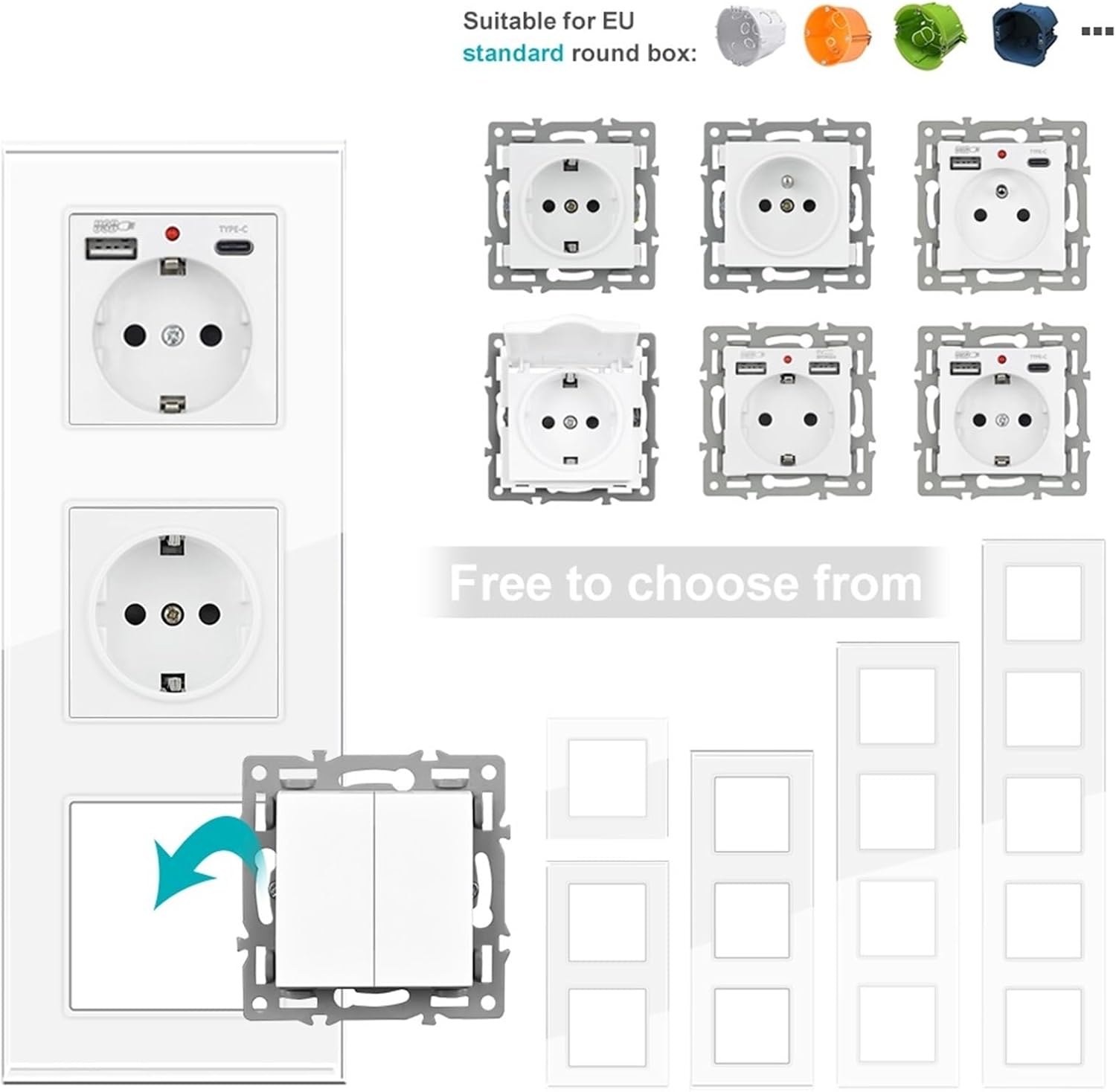 SRAN EU FR Type C & USB Wall Outlet 1-5 Frame Glass Panel Vertical Installation Combination For Circular Boxes(EU cover)