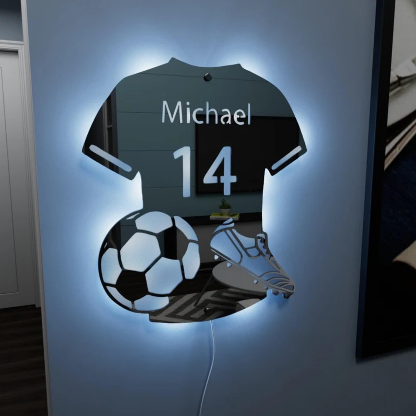 Luz de espejo de camiseta de fútbol personalizada, decoración de fútbol, letrero de neón personalizado, luz nocturna, habitación de los niños, multicolor, acrílico y silicona, 37 x 42 cm