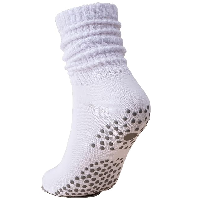 Pilates Socks with Grips for Women Non Slip White Ruffled Ankle Yoga Socks for Barre Workout Home