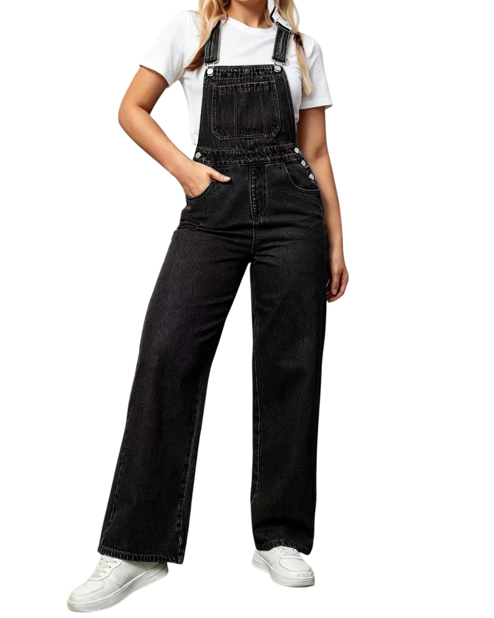 Flvsun Women's Straight Wide Leg Jeans Overalls Baggy Fit Bib