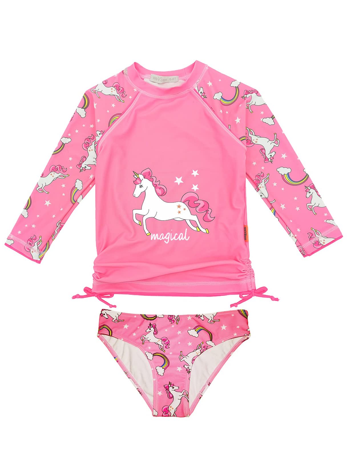 weVSwe Bañador para niña UPF 50+, protección de manga larga, dos piezas, nudo de lazo, traje de baño Rash Guard con volantes, puños raros