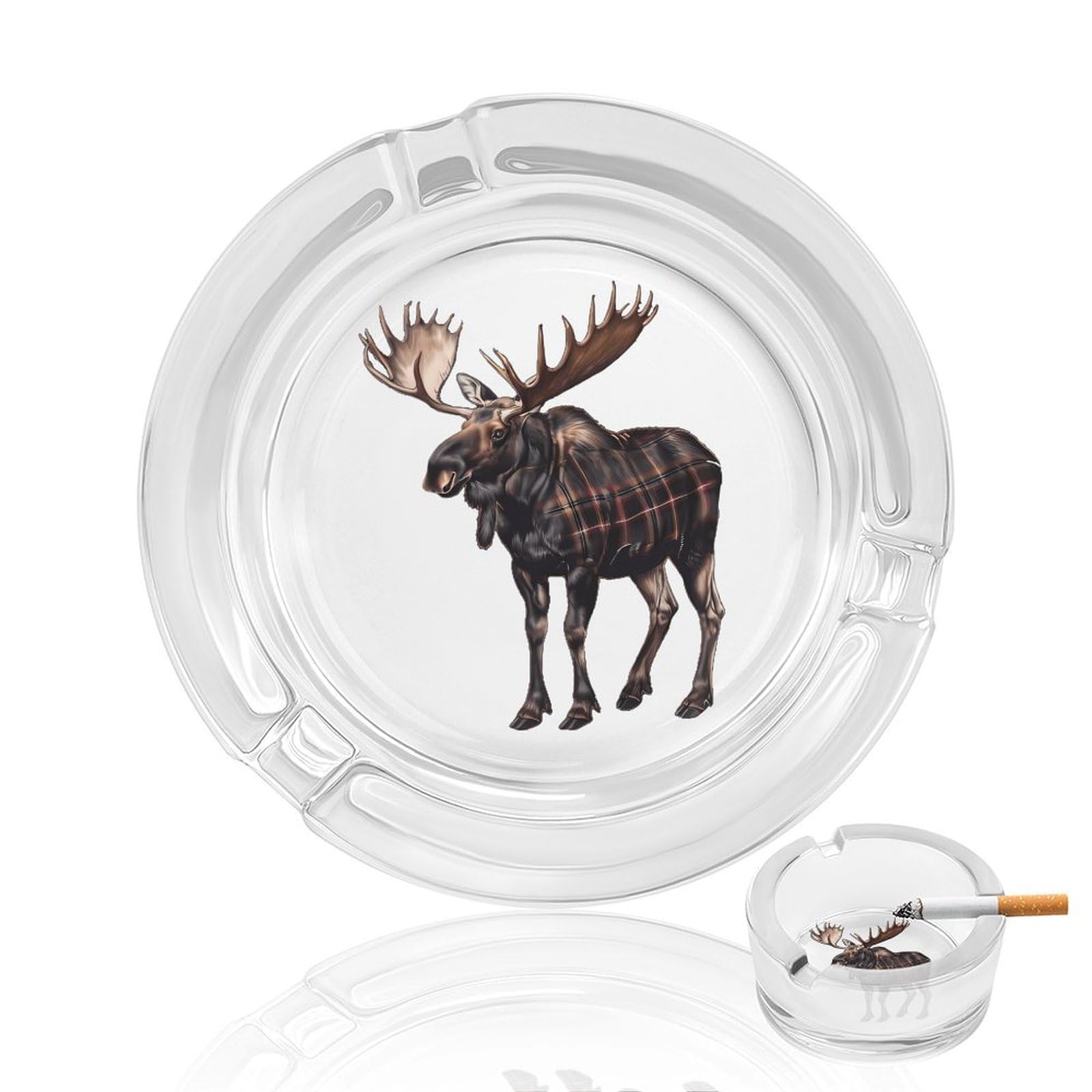 Moose Buffalo Scottish Tartan Plaid Checkered Ashtray Portable Round Glass Outdoor Ash Tray for Home Office Garden Pub