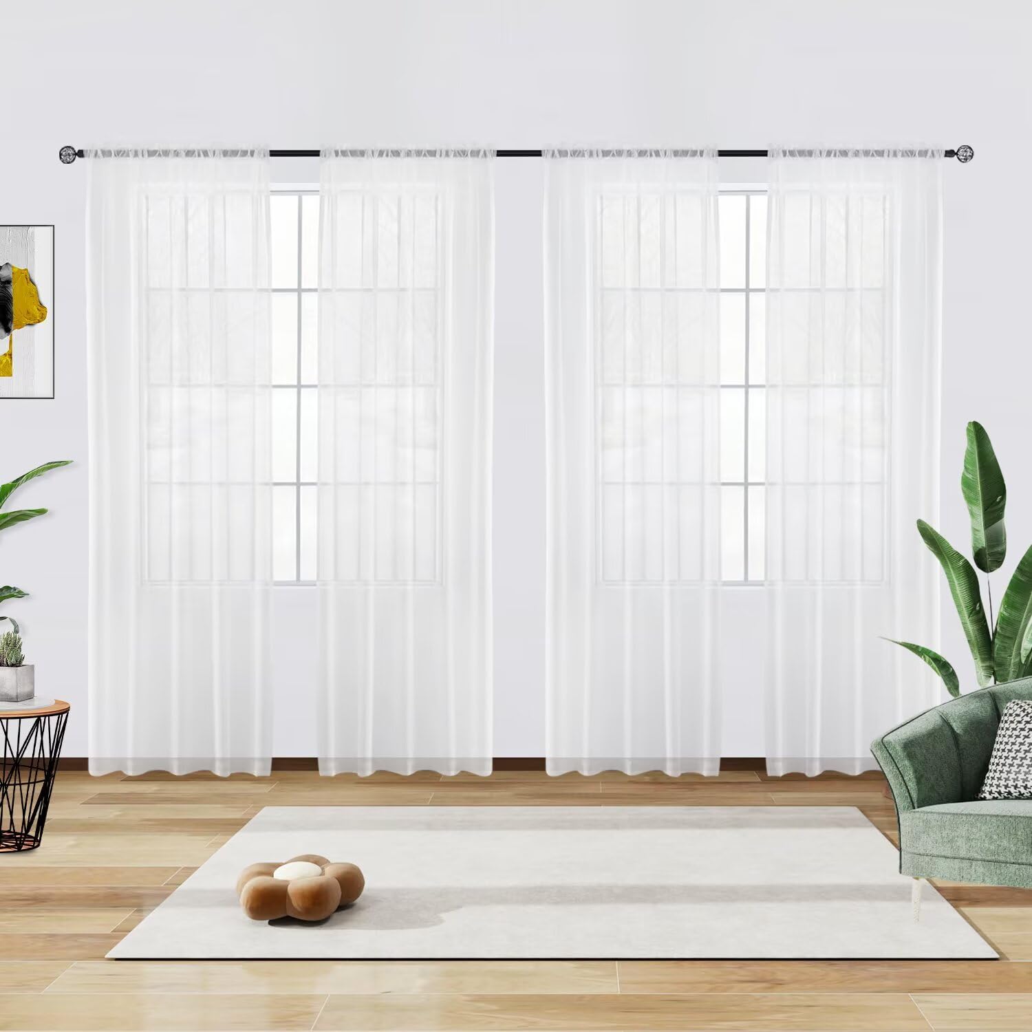 youleyar Solid Sheer Rod Pocket Curtain Voile Draperies 4 Panels White Beige Black Grey Coffee 52 Inch Width 45 Inch Long 1 Pair for Kitchen Bedroom