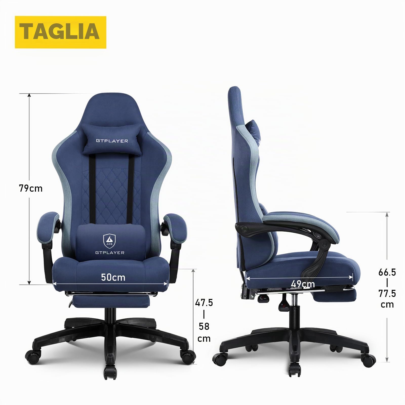 GTPLAYER sedia gaming ergonomica sedia da gaming tessuto traspirante schienale alto con cuscino imbottito a molle, poggiatesta e supporto lombare per giochi di studio e lavoro blu navy