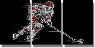LSIUHWUWI 3 Panels Black Background Canvas Art Vintage Sports Decor Ice Hockey Player at Rink Painting for Ice Rink Gym Man Boys Room Decor Stretched and Framed Ready to Hang