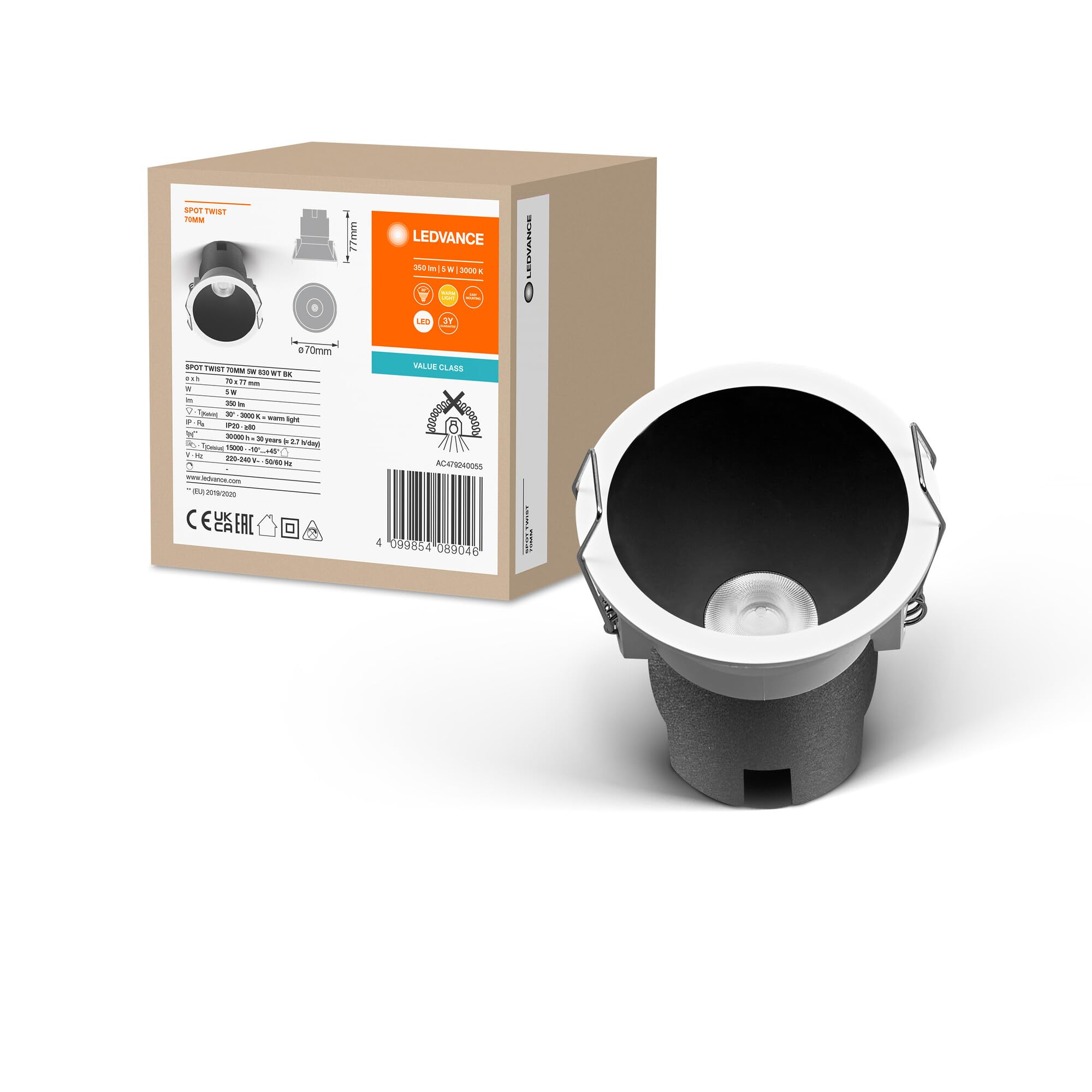 LEDVANCE Spot Twist Recessed Downlight, Black, 5W, 400Lm, 830 Wt, 70Mm Diameter, Warm White Light Color, Up to 90 Percent Energy Savings Compared to Halogen Downlights, Easy Installation, 3000K