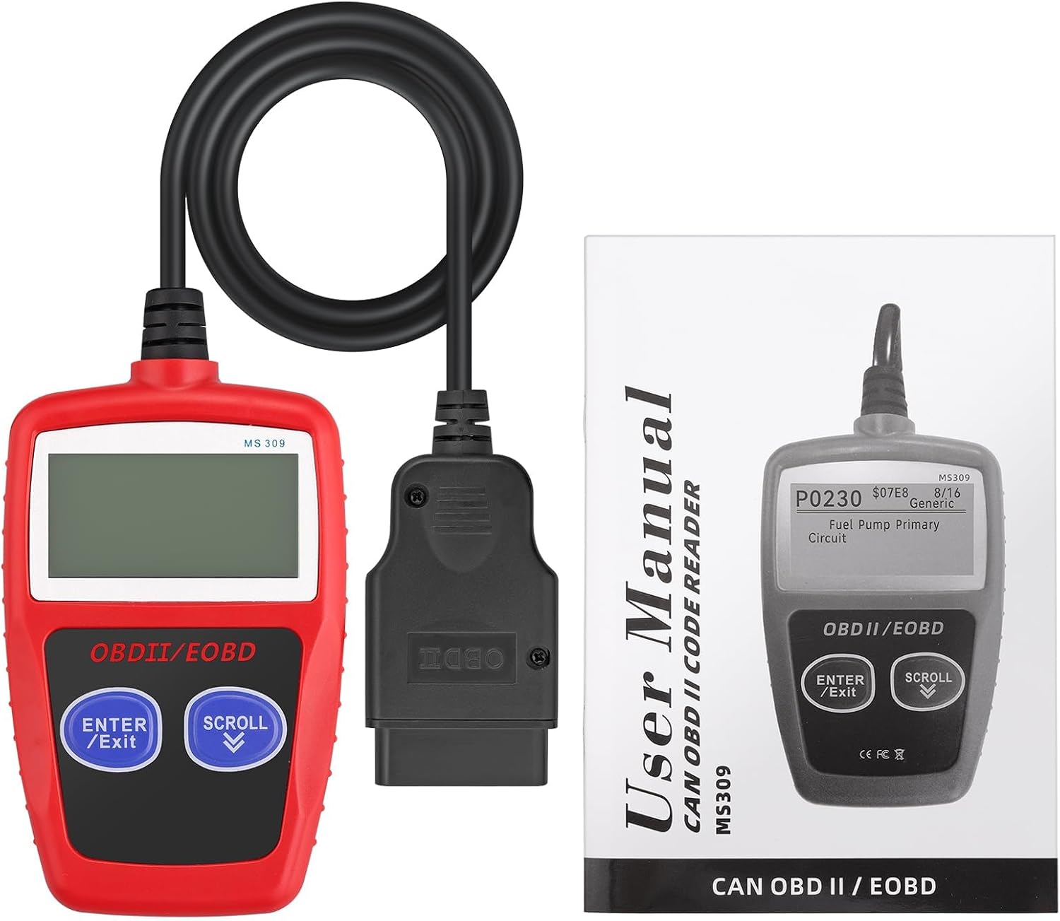 AUTOUTLET OBD2 Diagnostic Tool, its connecting cable, and a printed user manual