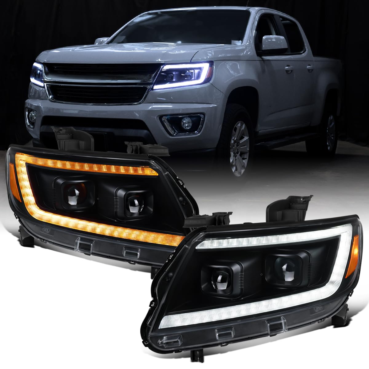 Ronnin - Fits 2015-2022 Chevy Colorado LED Tube Switchback Sequential Turn Signal Lights + Animated Startup Effect Projector Headlights Assembly Pair | Black
