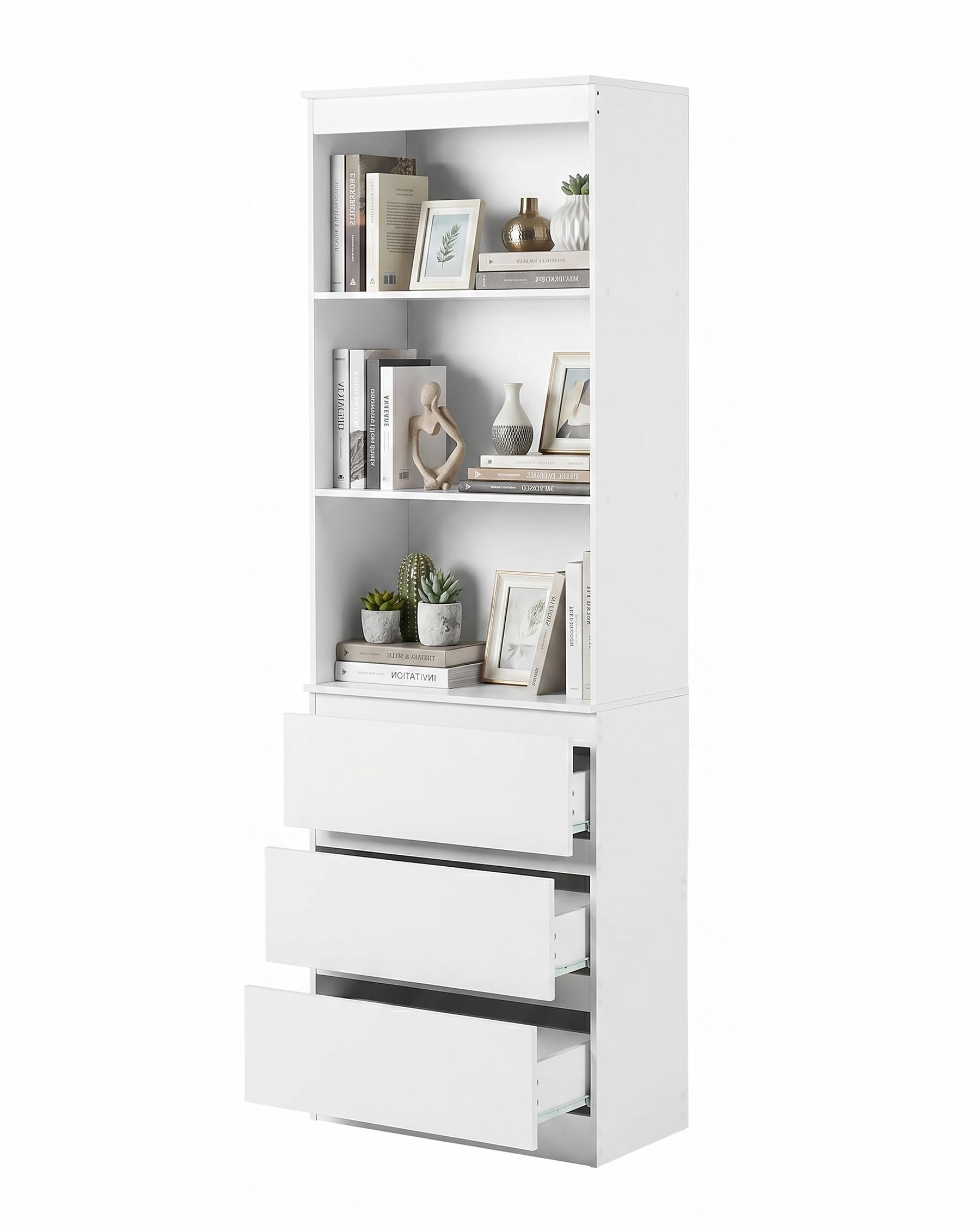 Estantería Libros Blanca con Cajones 60x32x180cm Libreria Alta para Salón Oficina Dormitorio Almacenaje Mueble Blanco