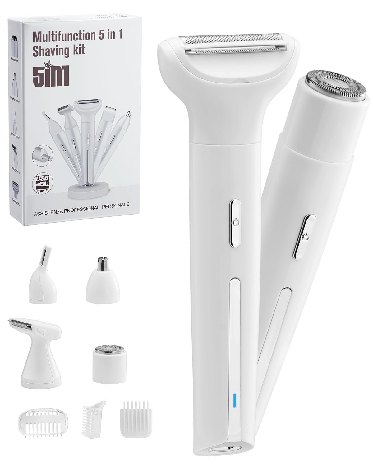 Afeitadora eléctrica para Mujer, 5 en 1 Rasuradora Mujer Zona Intima,Uso en Seco y en Mojad,Indoloro Recortadora Zona Intima,para Bikini Axilas Brazos Cara Nariz -Blanco