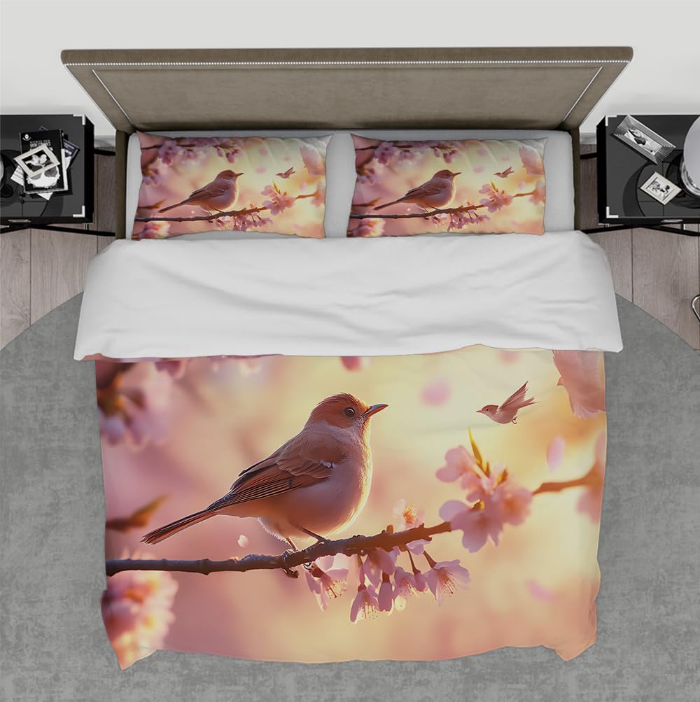 Housse de couette en microfibre motif fleur rose oiseau 3 pièces toutes saisons 155x220