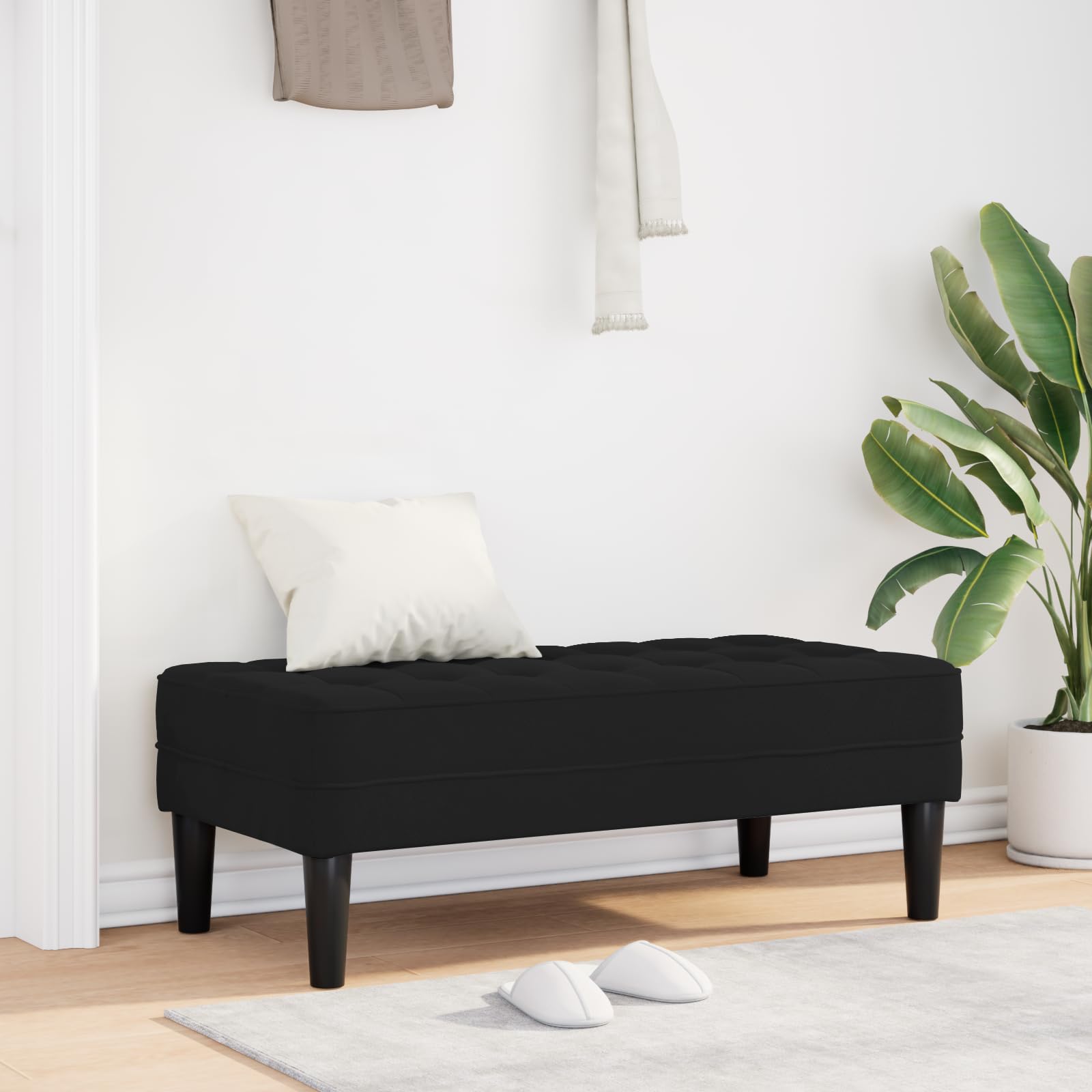 Samt Bank Schwarz, 113x57x39 cm, Modernes Design, Sitzbank für 2 Personen, Robustes Naturholz, Ideal für Wohnzimmer, Flur, Esszimmer