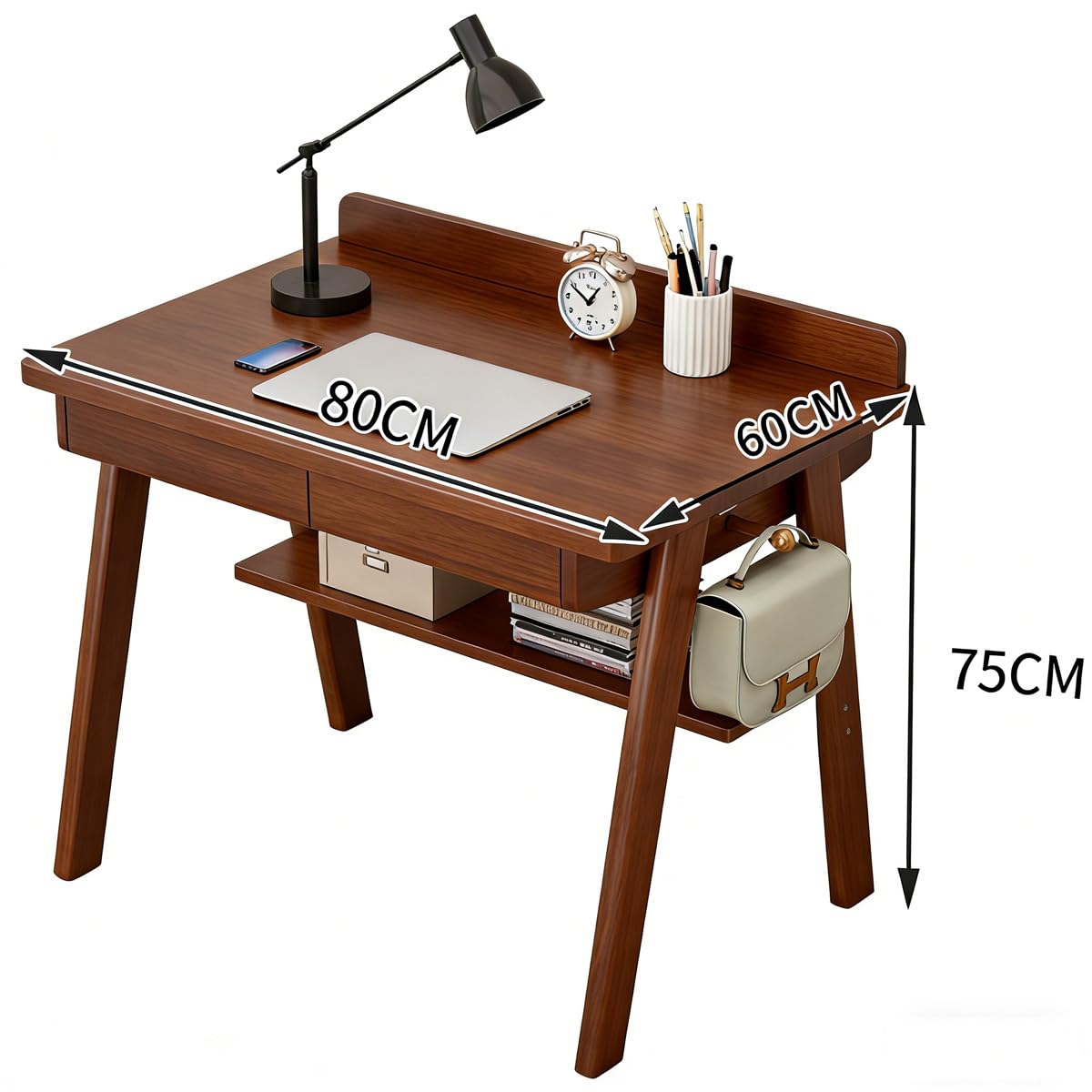 Scrivania in legno massello con 2 cassetti e ganci, scrivania per computer per casa e ufficio metà secolo, scrivania per studenti e studio, tavolo con ripiano portaoggetti per camera da letto
