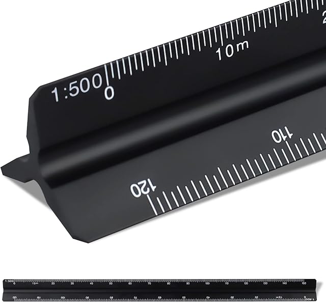 Scale Ruler 30cm, Triangular Metal Ruler for Architects 1:100, 1:200, 1:250, 1:300, 1:400, 1:500 (Black)