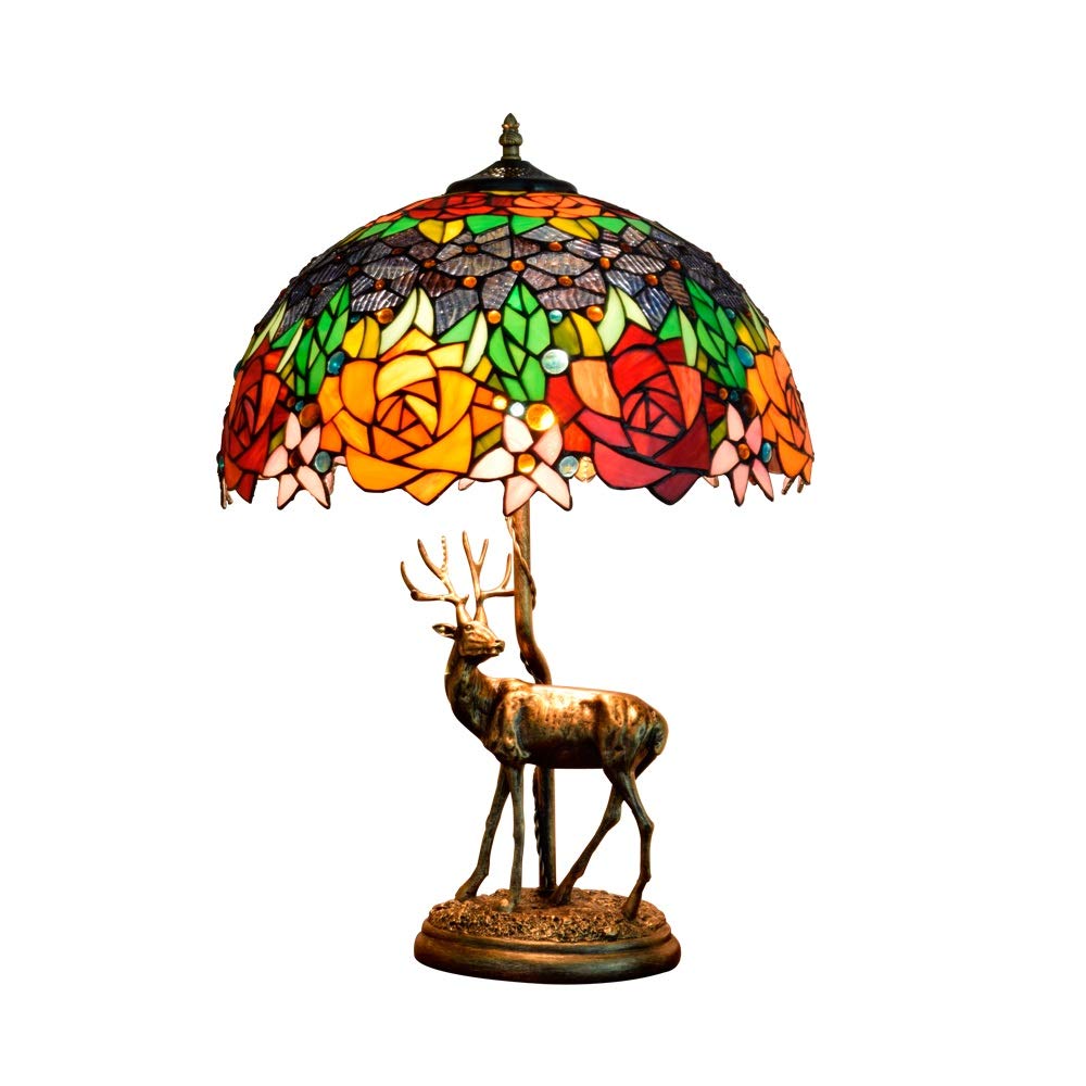 Aioneer 16 Inch Tiffany Stained Glass Table Lamp American Elk Creative Rose Tiffany Stained Glass Living Room Bar Bedroom Bedside Table Lamp