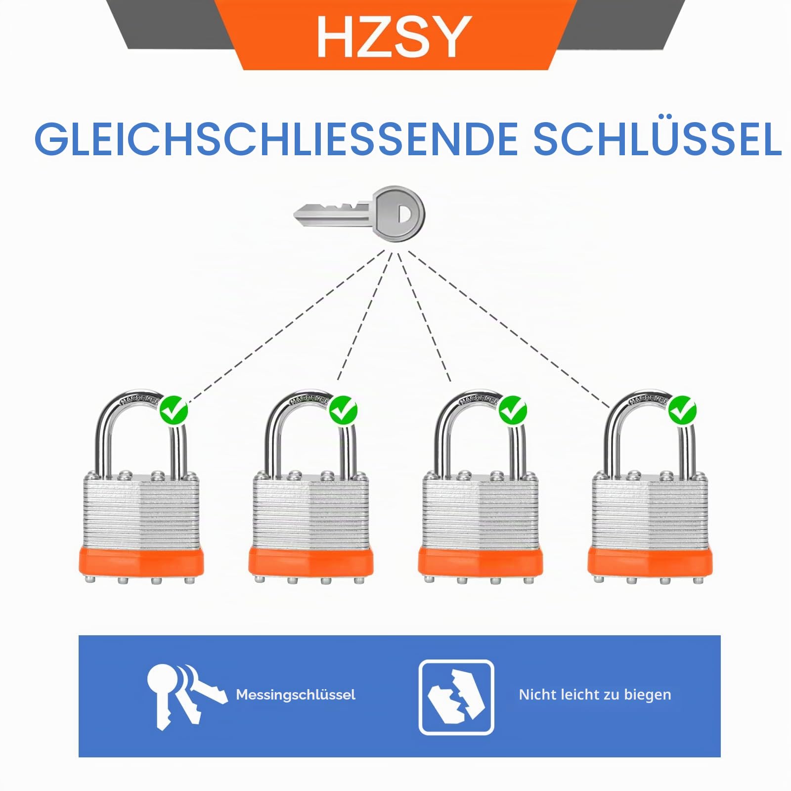 Gleichschließende Vorhängeschlösser aus laminiertem Stahl, 40 mm breit, normales Bügel-Vorhängeschloss, orangefarbener Reifen, 12 Stück, für Fitnessstudio-Schließfächer und Aufbewahrungseinheit | Vorhängeschlösser mit gleichem Schlüssel, gehärteter Bügel