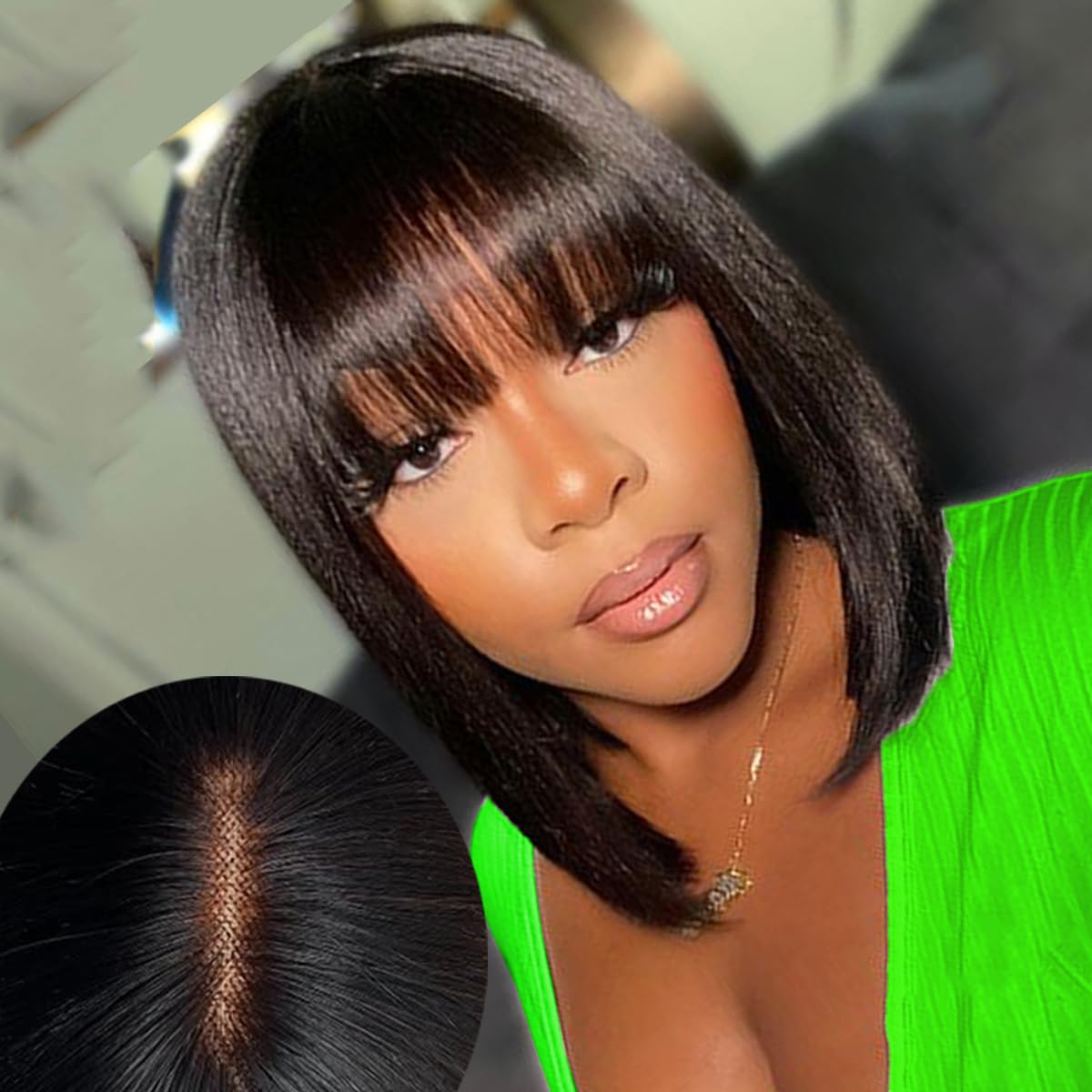 Short Bob Human Hair Wig With Bangs For Women Wedding Party Natural Look Black Short Natural Wavy Bob Wigs with Bangs Synthetic Soft  main image 3