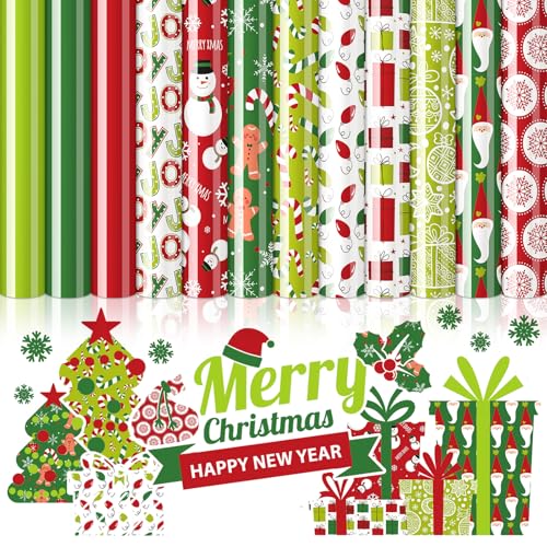 FYSUIMU Christmas HTV Heat Transfer Vinyl Iron on Stickers Green Red Xmas Lights Santa Snowman Gingerbread Man Candy Cane Gift Heat Transfer Decals for Shirts Fabrics DIY 12 Sheets
