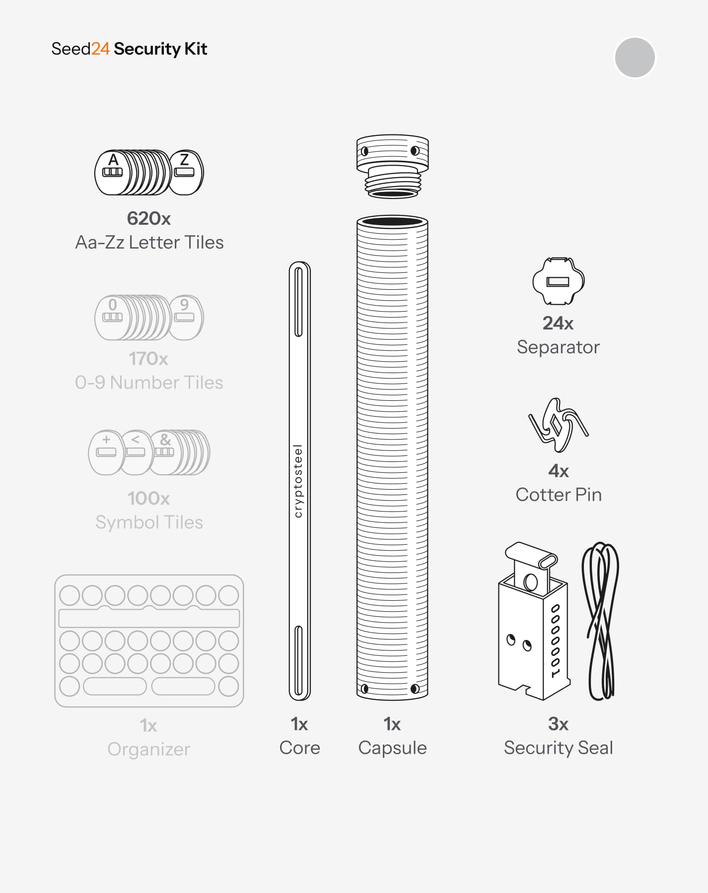 Cryptosteel Seed24 Security Kit (NEUHEIT) – Crypto Seed Phrase Storage aus Edelstahl – Metall Seed Backup für 24 Wörter (BIP39) – werkzeugfrei, Capsule, Siegel – feuerfest & wasserfest