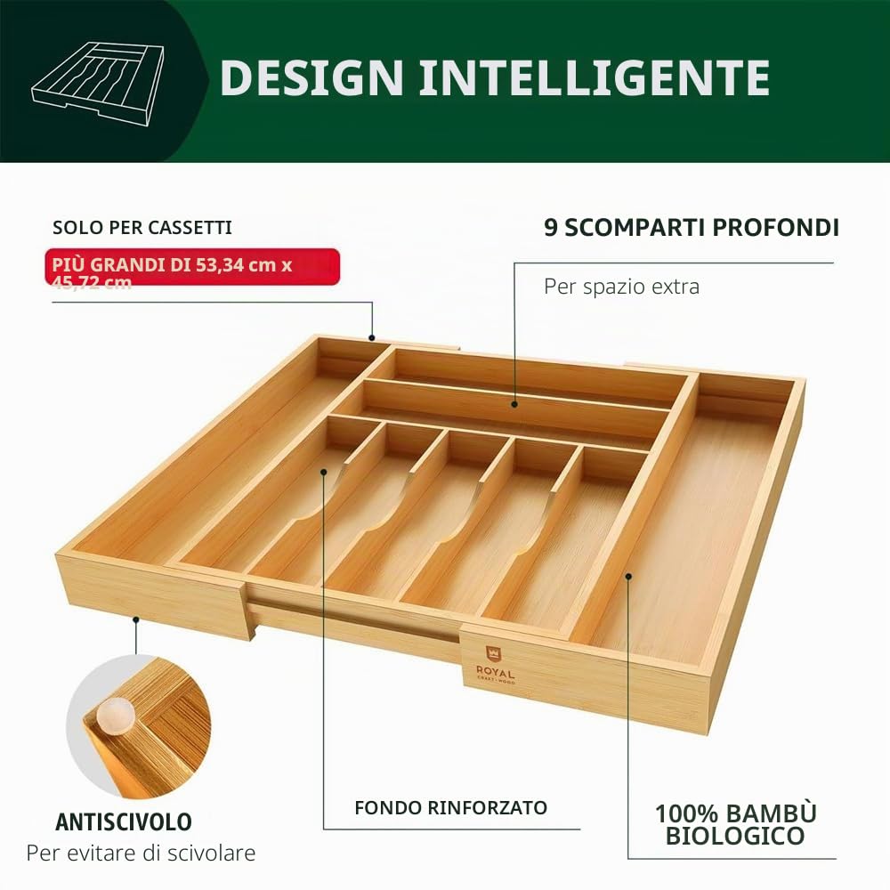 Portaposate per cassetti, portaposate regolabile, larghezza da 33 cm a 50 cm, portaposate in bambù, cassetto portaposate per cucina, portaposate per cucchiai/forchette