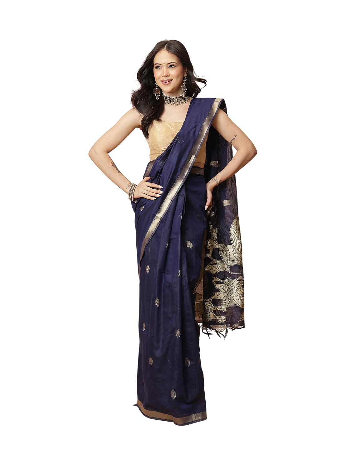 Anarva Light Peach Color Jamdani Ready to Wear Saree With Zari Border & Tassels-image-30