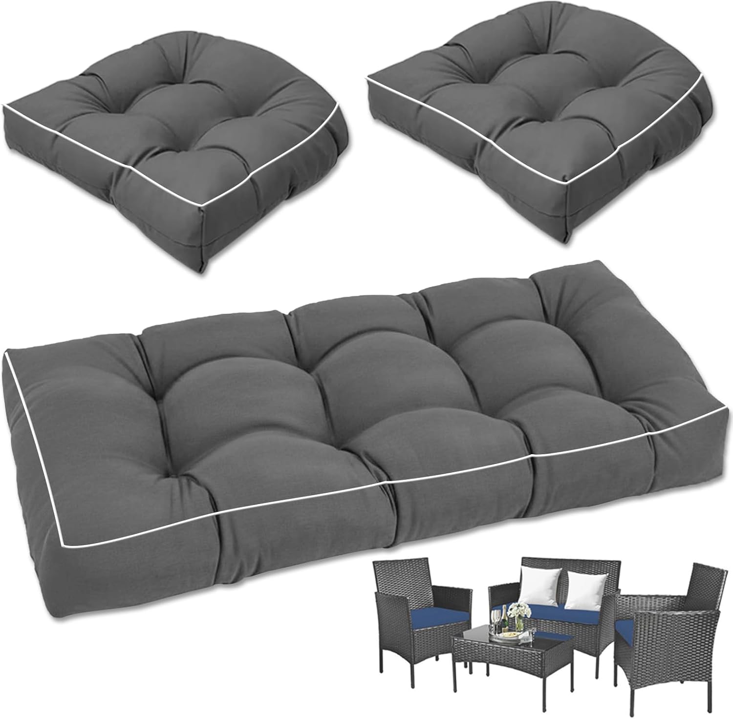 Waterproof Wicker Chair Cushions of 3 Pieces Piped Edges Premium Thick Cushions, All Weather Outdoor Loveseat Cushions for Patio Seat, 1 Loveseat and 2 U-Shaped Cushions, Gray