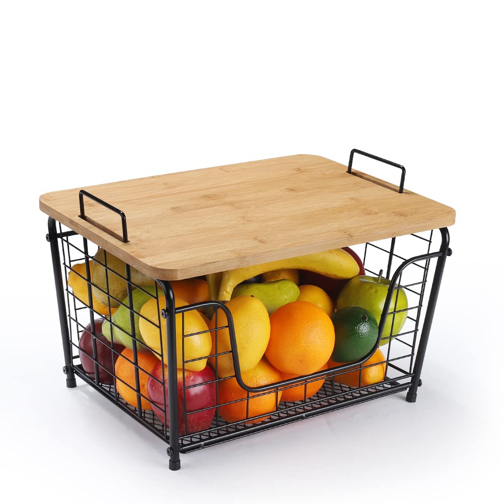 Buy Stacking Kitchen Counter Basket With Bamboo Top, Countertop Organizer for Fruit, Vegetable