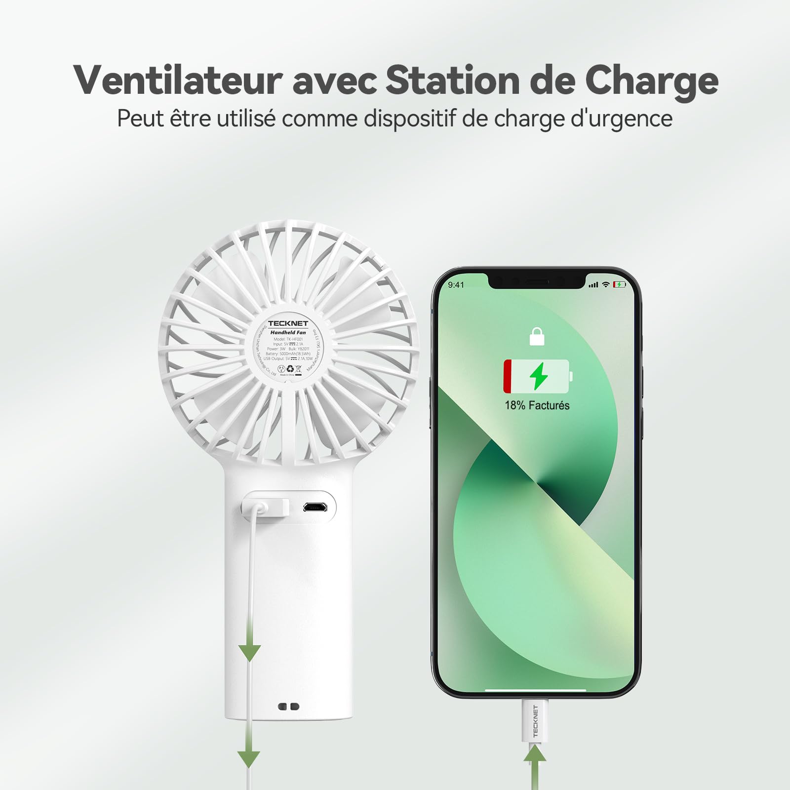 TECKNET Mini Ventilateur Portable 7000mAh, Ventilateur USB avec Fonction Power Bank, Ventilateur Silencieux à 3 Vitesses Réglables, Ventilateur de Poche pour Bureau/Voyage/Extérieur, Blanc