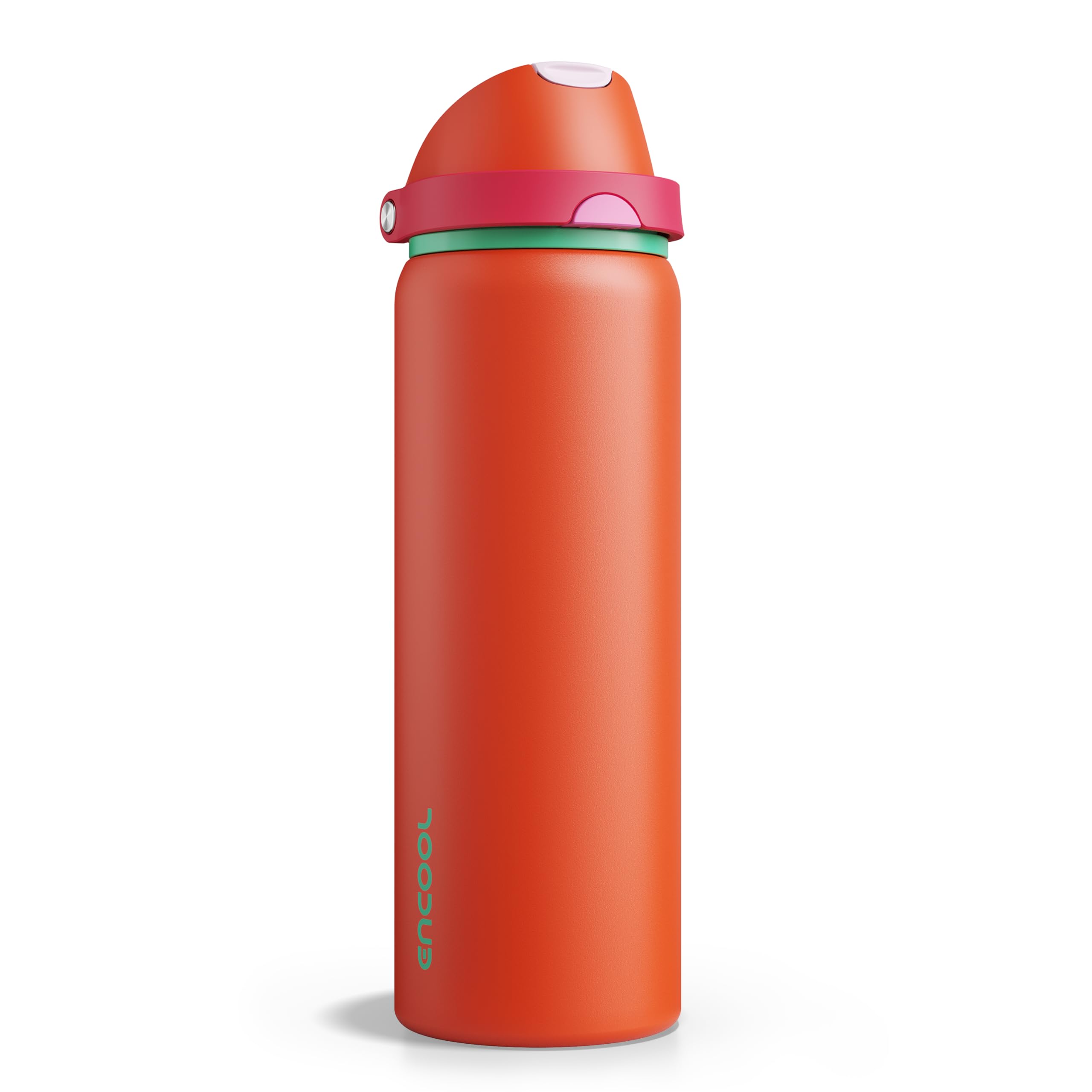 Insulated Water Bottle with Straw - Encool Stainless Steel Water Bottle with Push Button Lid, Leak-Proof &amp; BPA-Free, Keeps Cold for 24 Hours for Sports, Travel, Gym (32 oz, Grapefruit Red)