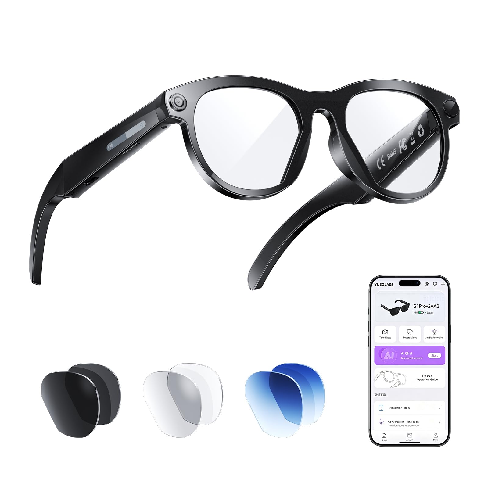 Lunettes Intelligentes AI, Lunettes de Traduction, Verres 3 Couleurs Interchangeables, Protection UV, Appareil Photo HD avec Flash LED, Assistant Vocal, pour Courir, Rouler, Réunion d'affaires