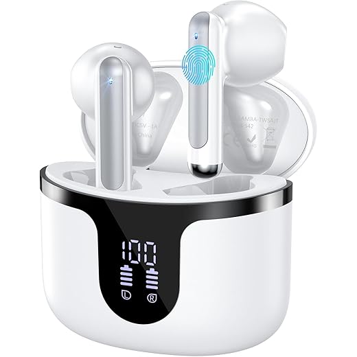Wireless Earbuds, 2025 Bluetooth 5.3 Headphones HiFi Stereo 50H Playback Ear Buds with Led Digital Display, ENC Noise Cancelling Earbuds for Laptop Computer, iOS, Android, White