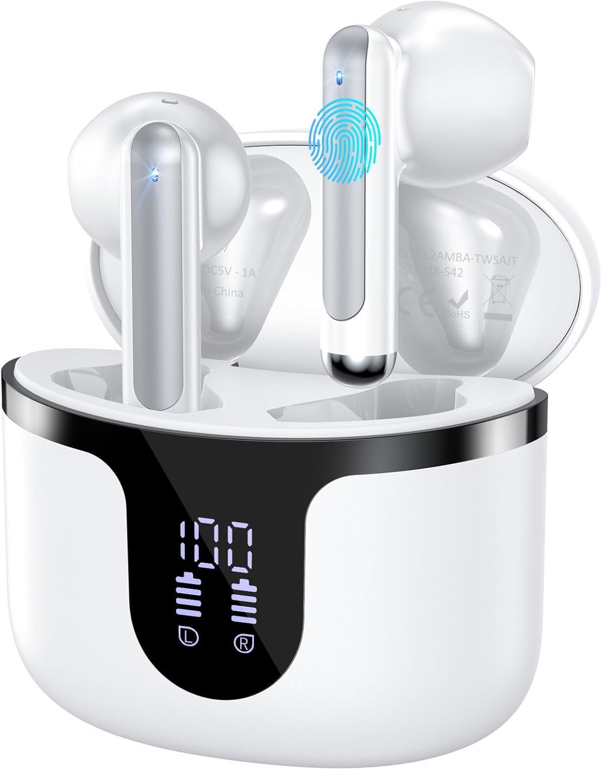 Wireless Earbuds, Bluetooth 5.3 Headphones Deep Bass Stereo Sound with ENC Noise Cancellation Wireless Headphones with 50H Playback and LED Display, IPX7 Waterproof Ear Buds White
