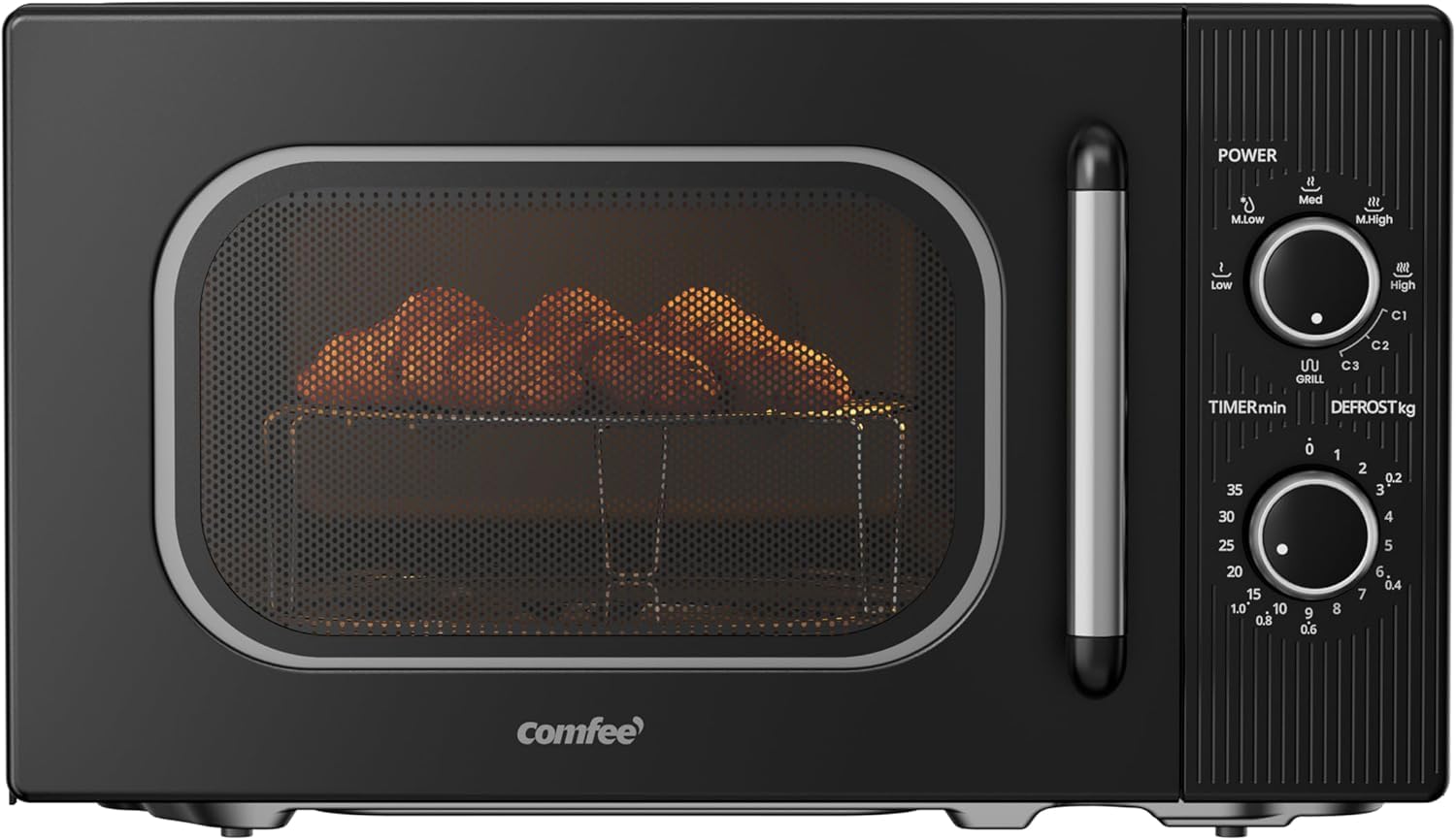 COMFEE' Microondas con Grill 20L 700W Grill 1000W | 5 niveles de potencia, temporizador 1-35 min, descongelación rápida, diseño compacto, color negro, modelo CMO-MG202NC(BK)