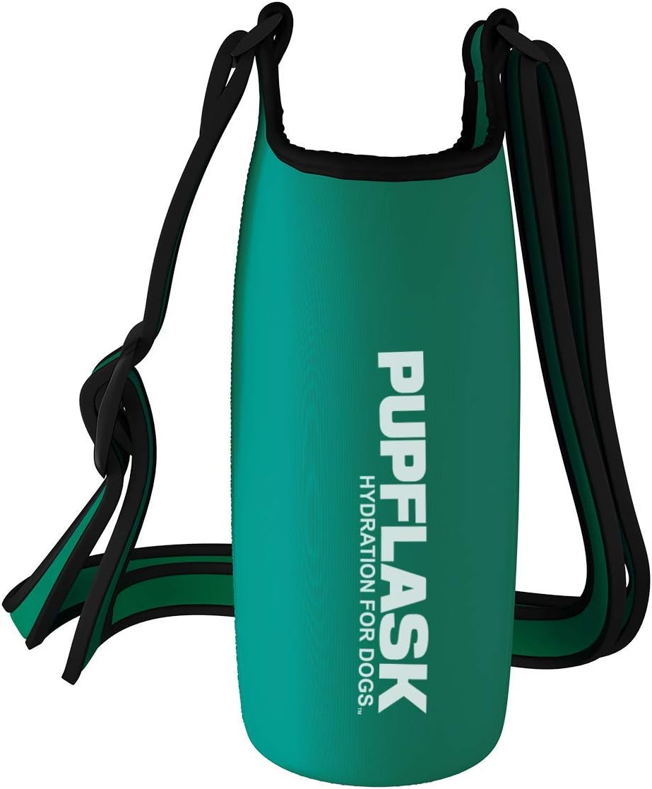 Tuff Pupper PupFlask Insulated Neoprene Dog Water Bottle Holder Sling with Wide Adjustable Shoulder Strap, Great for Travel, Walking, Hiking, Portable Pet Water Bottle Holder (40 OZ, Quetzal Green)